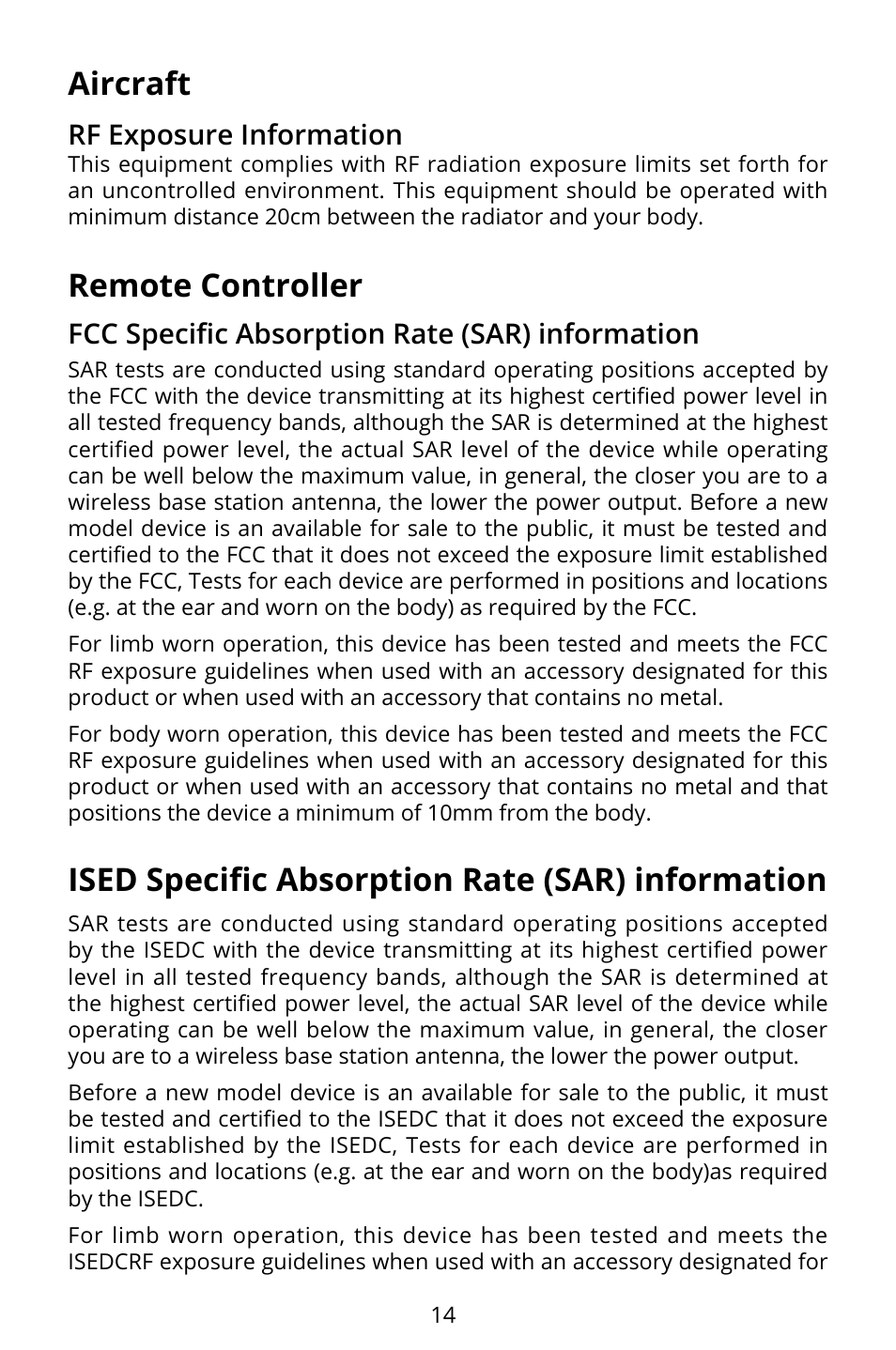 Aircraft, Remote controller, Ised specific absorption rate (sar) information | Rf exposure information, Fcc specific absorption rate (sar) information | Autel Robotics EVO II Dual 640T Enterprise Bundle V3 Drone with Thermal Imaging User Manual | Page 15 / 17