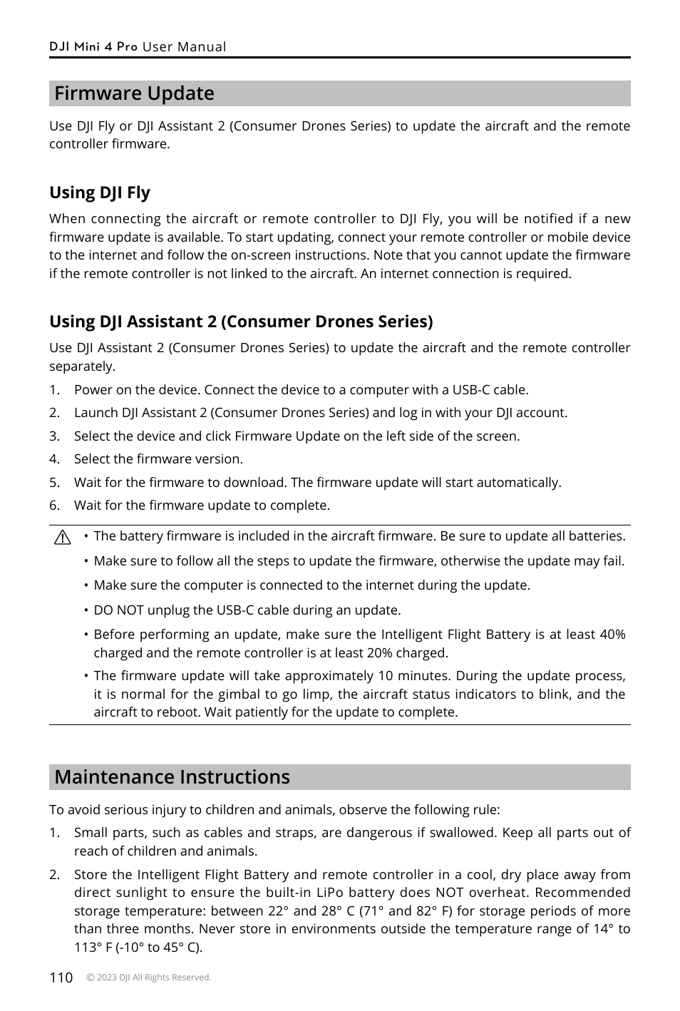 Firmware update, Using dji fly, Using dji assistant 2 (consumer drones series) | Maintenance instructions | DJI Mini 4 Pro Drone Fly More Combo Plus with RC 2 Controller User Manual | Page 110 / 116