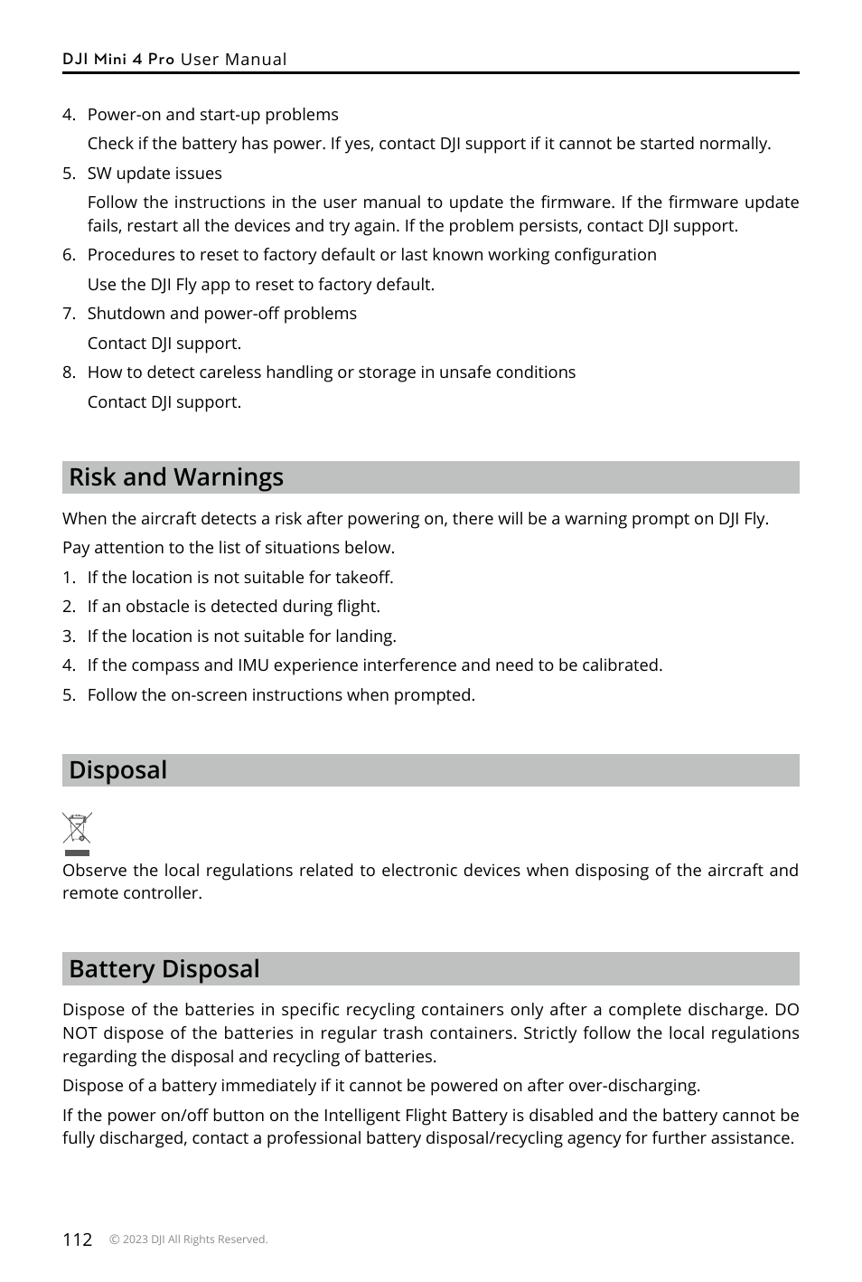 Risk and warnings, Disposal, Battery disposal | DJI Mini 4 Pro Drone Fly More Combo Plus with RC 2 Controller User Manual | Page 112 / 116