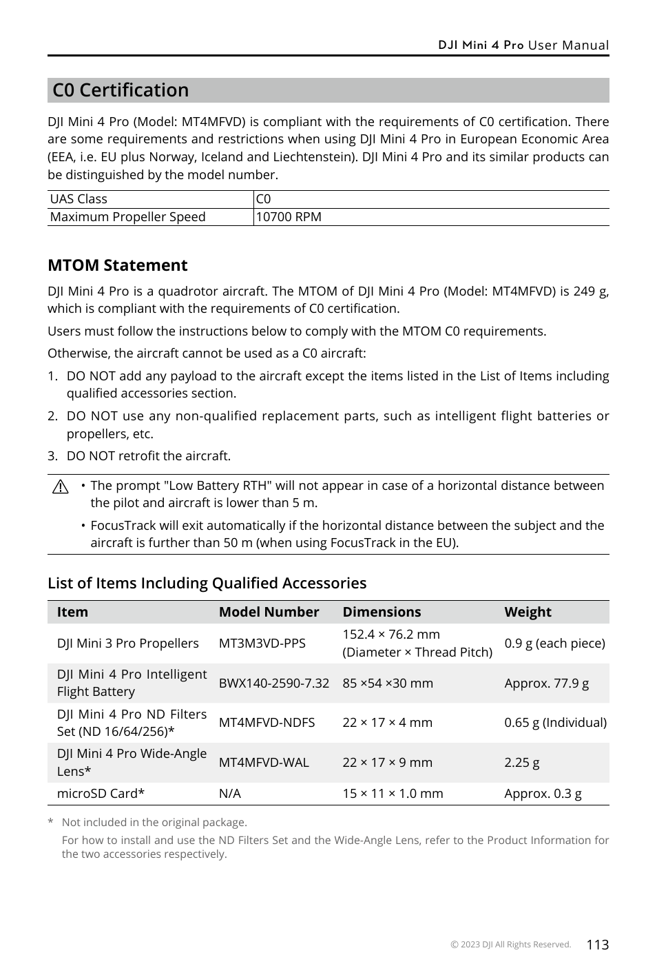 C0 certification, Mtom statement | DJI Mini 4 Pro Drone Fly More Combo Plus with RC 2 Controller User Manual | Page 113 / 116