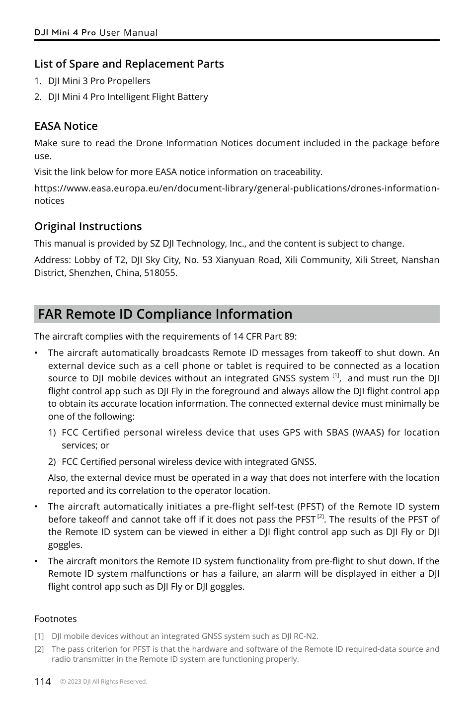 Far remote id compliance information, List of spare and replacement parts, Easa notice | Original instructions | DJI Mini 4 Pro Drone Fly More Combo Plus with RC 2 Controller User Manual | Page 114 / 116