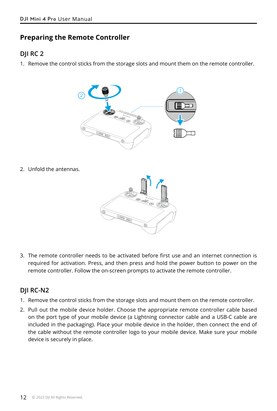 Preparing the remote controller | DJI Mini 4 Pro Drone Fly More Combo Plus with RC 2 Controller User Manual | Page 12 / 116