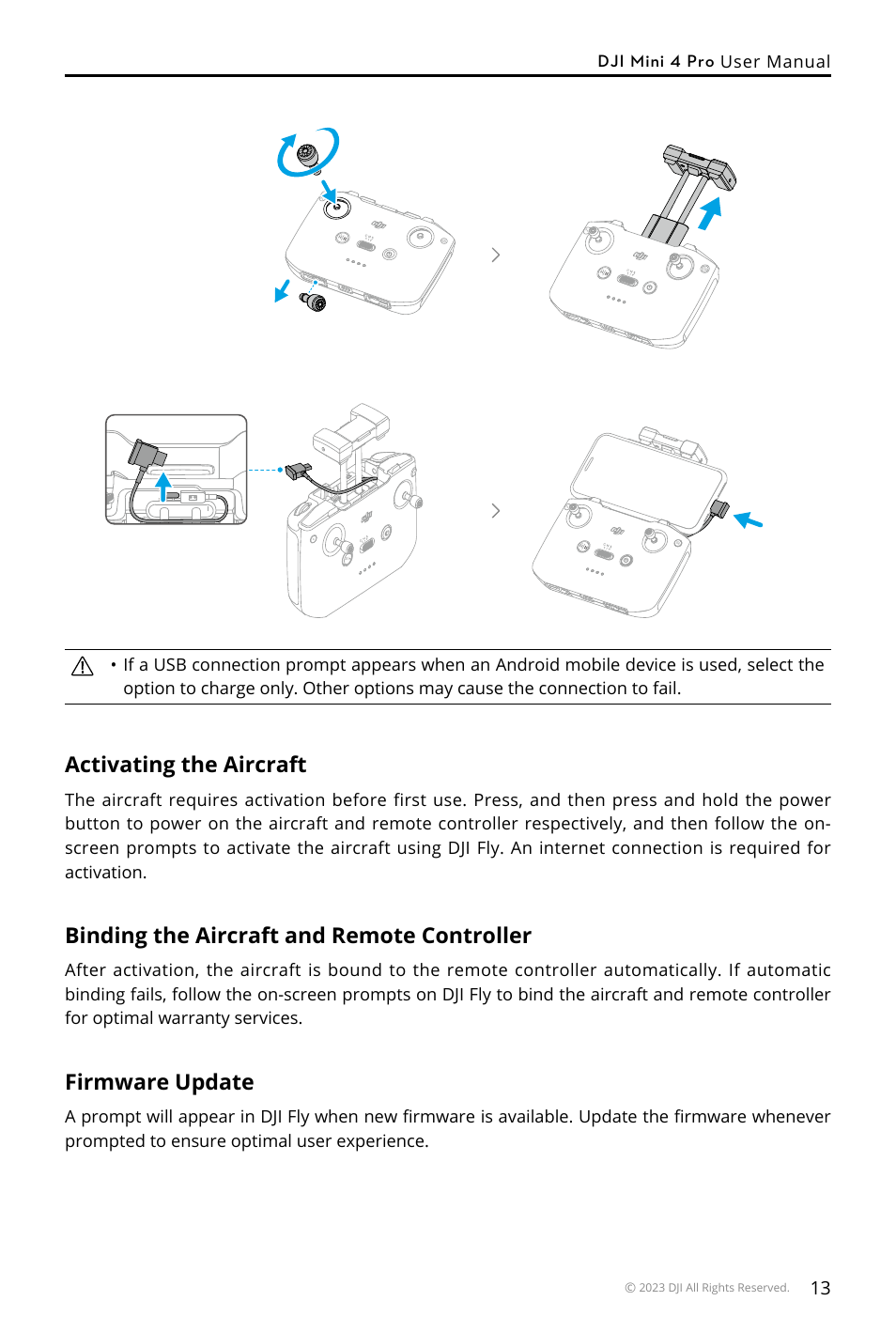 Activating the aircraft, Binding the aircraft and remote controller, Firmware update | DJI Mini 4 Pro Drone Fly More Combo Plus with RC 2 Controller User Manual | Page 13 / 116