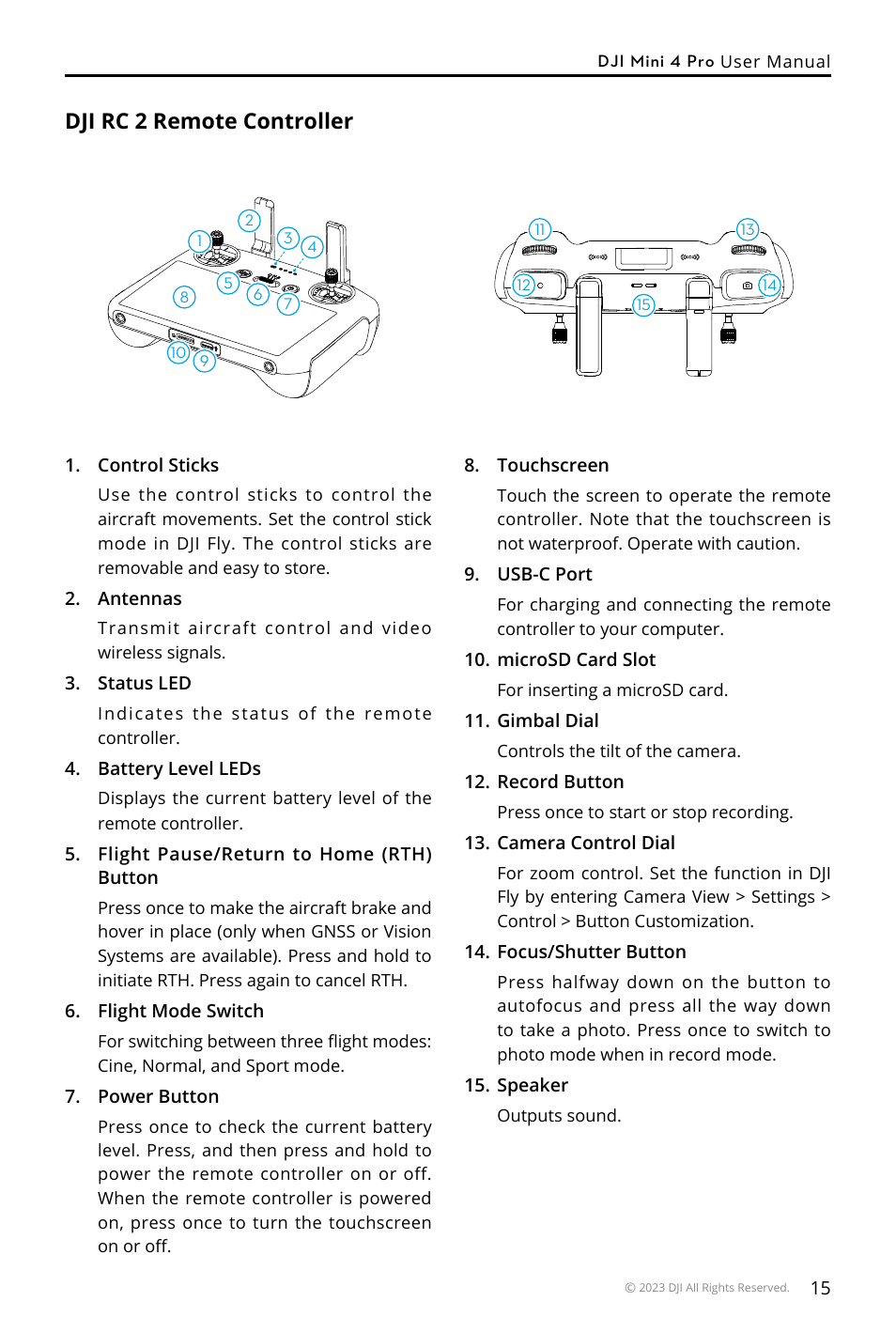 Dji rc 2 remote controller | DJI Mini 4 Pro Drone Fly More Combo Plus with RC 2 Controller User Manual | Page 15 / 116