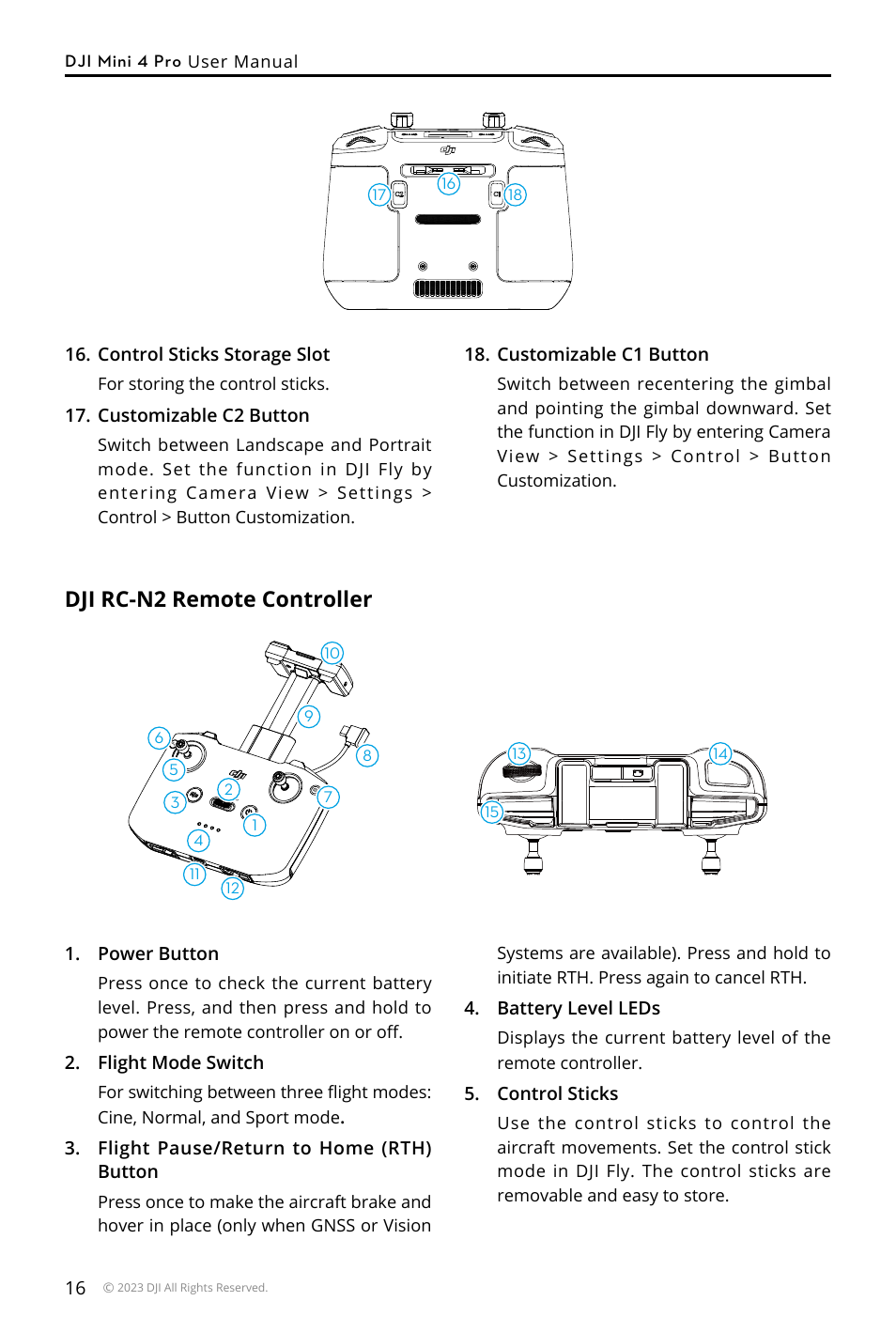 Dji rc-n2 remote controller | DJI Mini 4 Pro Drone Fly More Combo Plus with RC 2 Controller User Manual | Page 16 / 116