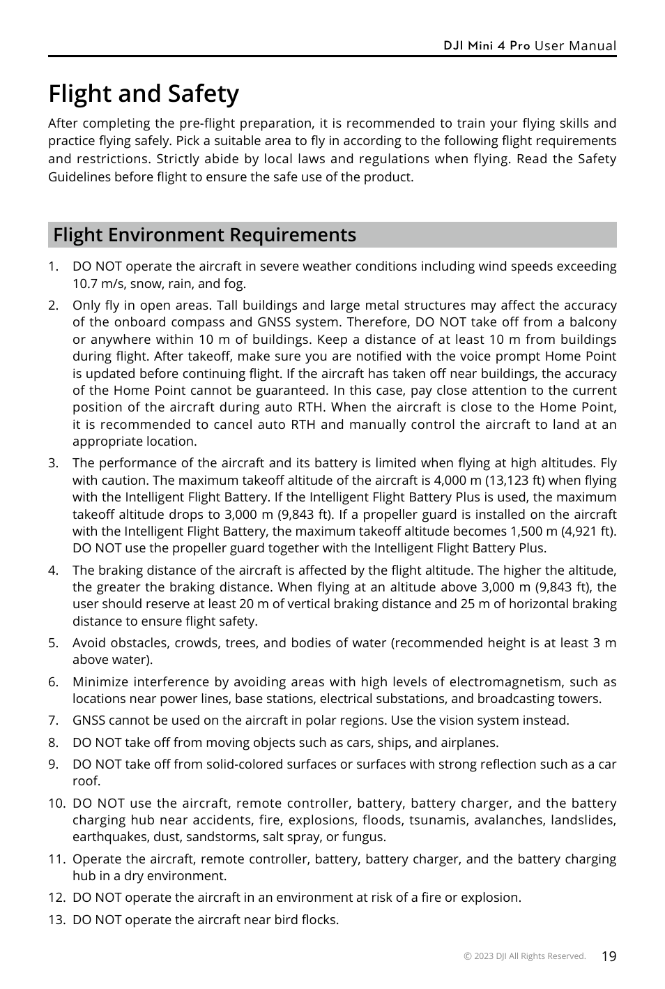 Flight and safety, Flight environment requirements | DJI Mini 4 Pro Drone Fly More Combo Plus with RC 2 Controller User Manual | Page 19 / 116