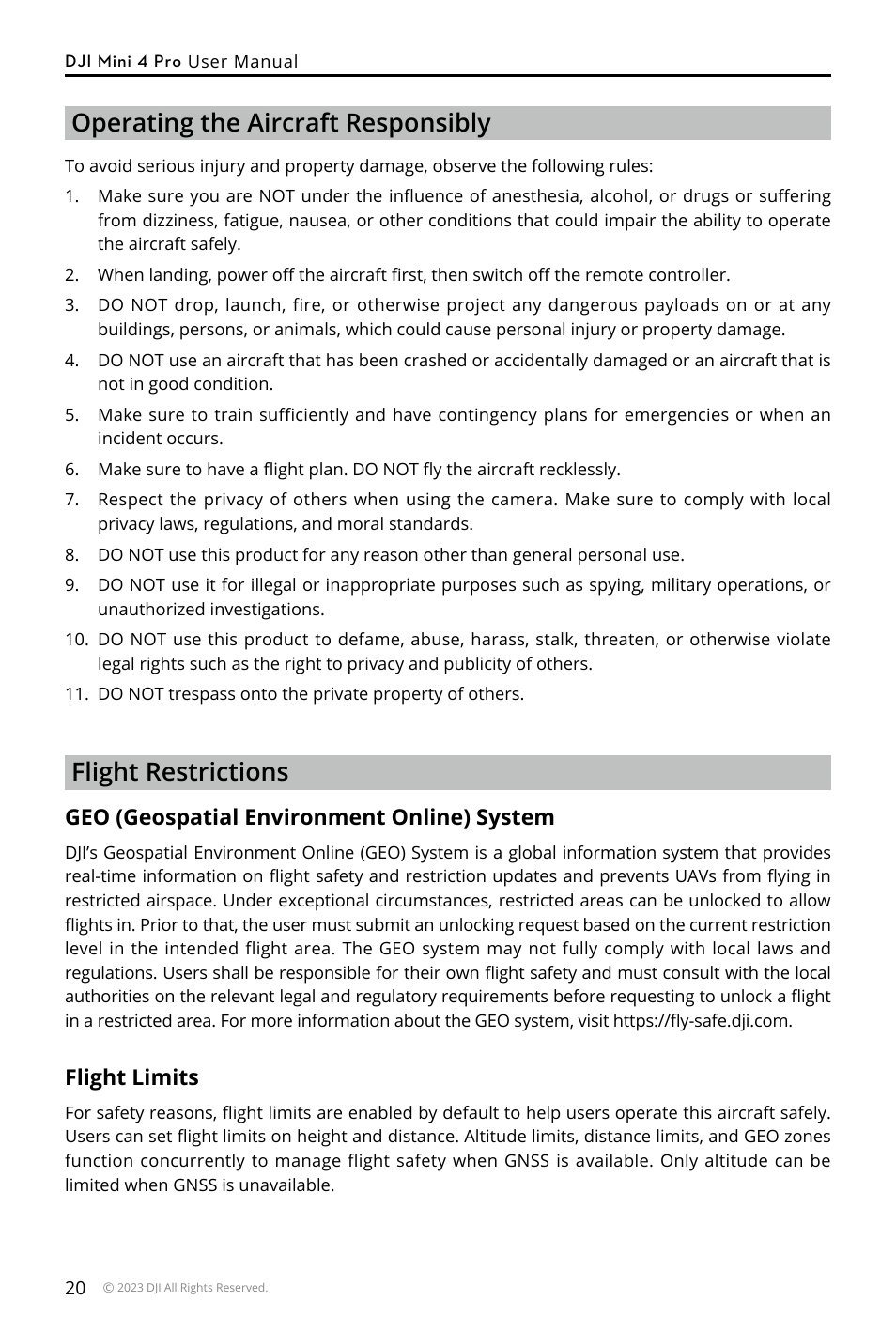 Operating the aircraft responsibly, Flight restrictions, Geo (geospatial environment online) system | Flight limits | DJI Mini 4 Pro Drone Fly More Combo Plus with RC 2 Controller User Manual | Page 20 / 116