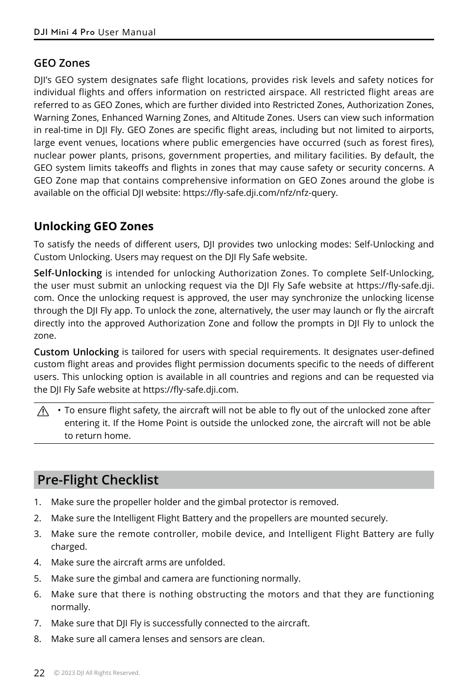 Unlocking geo zones, Pre-flight checklist | DJI Mini 4 Pro Drone Fly More Combo Plus with RC 2 Controller User Manual | Page 22 / 116