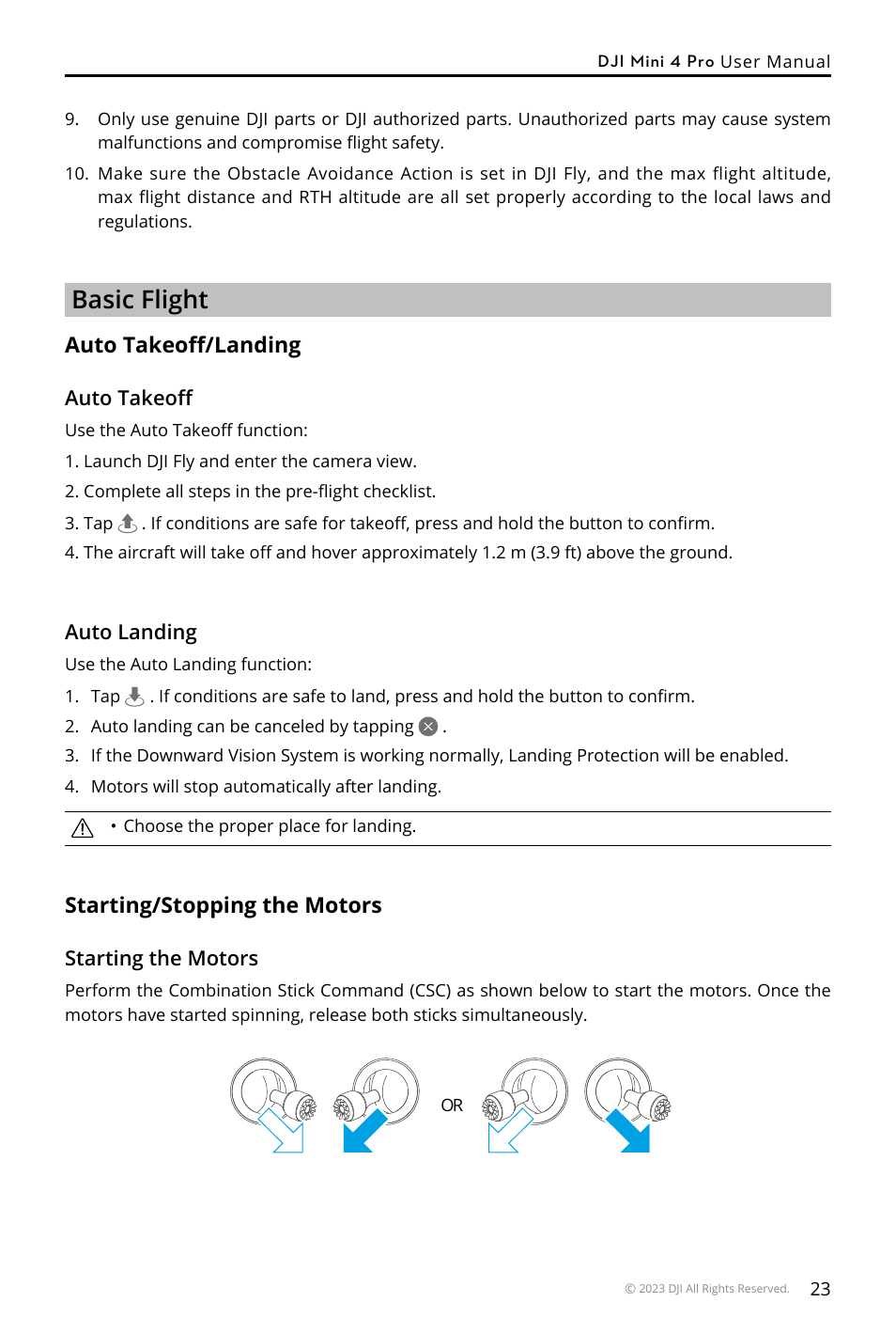 Basic flight, Auto takeoff/landing, Starting/stopping the motors | DJI Mini 4 Pro Drone Fly More Combo Plus with RC 2 Controller User Manual | Page 23 / 116