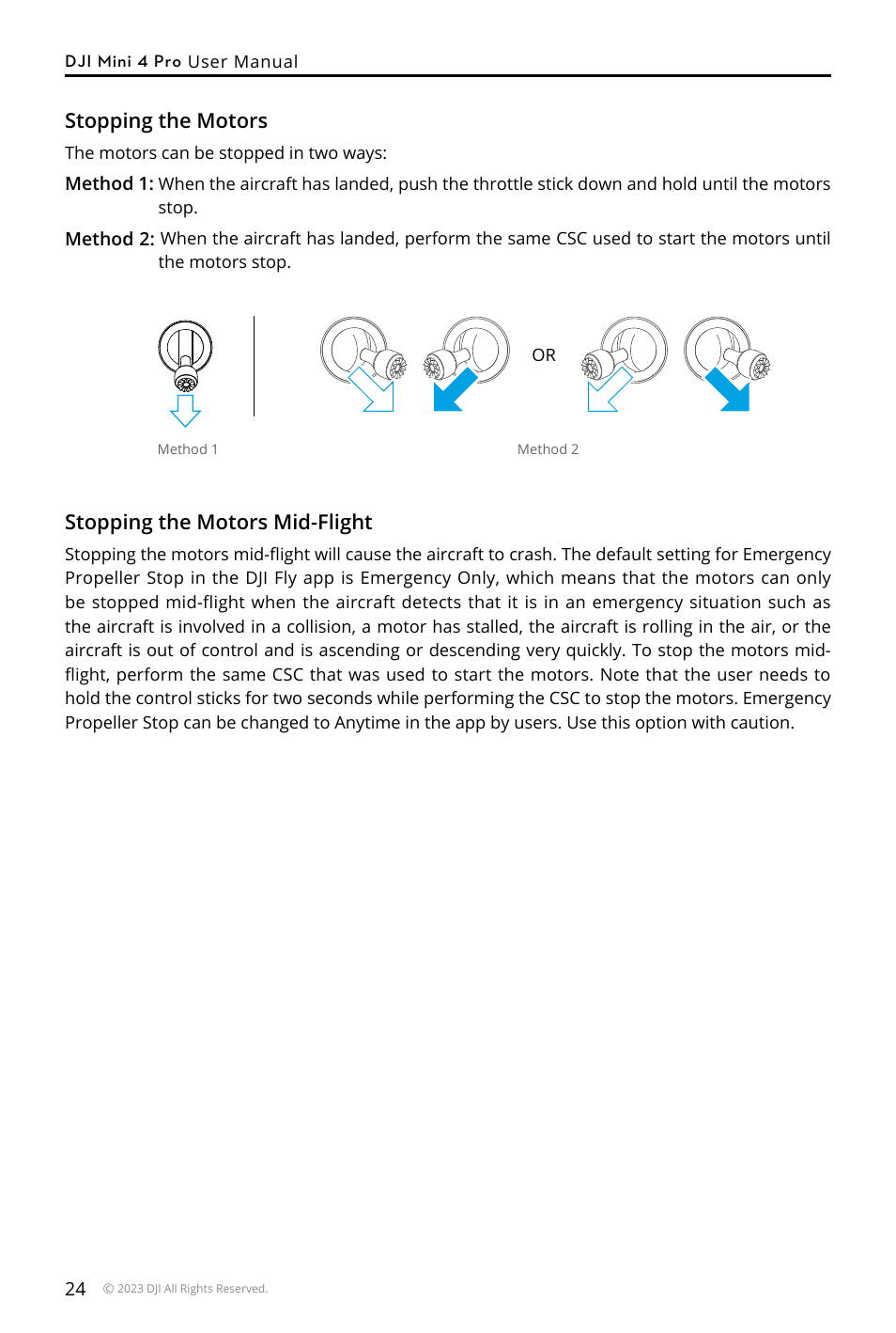 Stopping the motors, Stopping the motors mid-flight | DJI Mini 4 Pro Drone Fly More Combo Plus with RC 2 Controller User Manual | Page 24 / 116