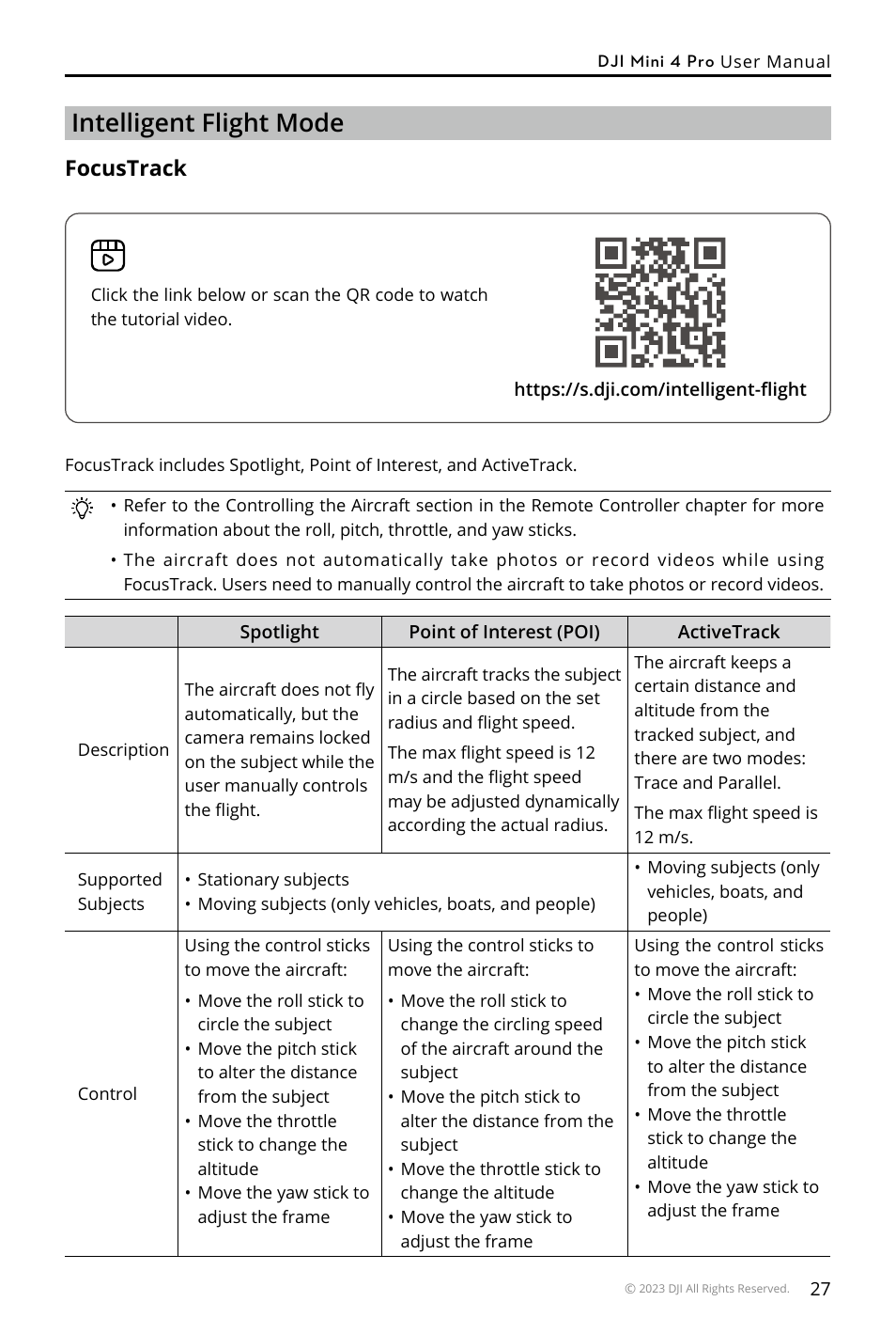 Intelligent flight mode, Focustrack | DJI Mini 4 Pro Drone Fly More Combo Plus with RC 2 Controller User Manual | Page 27 / 116