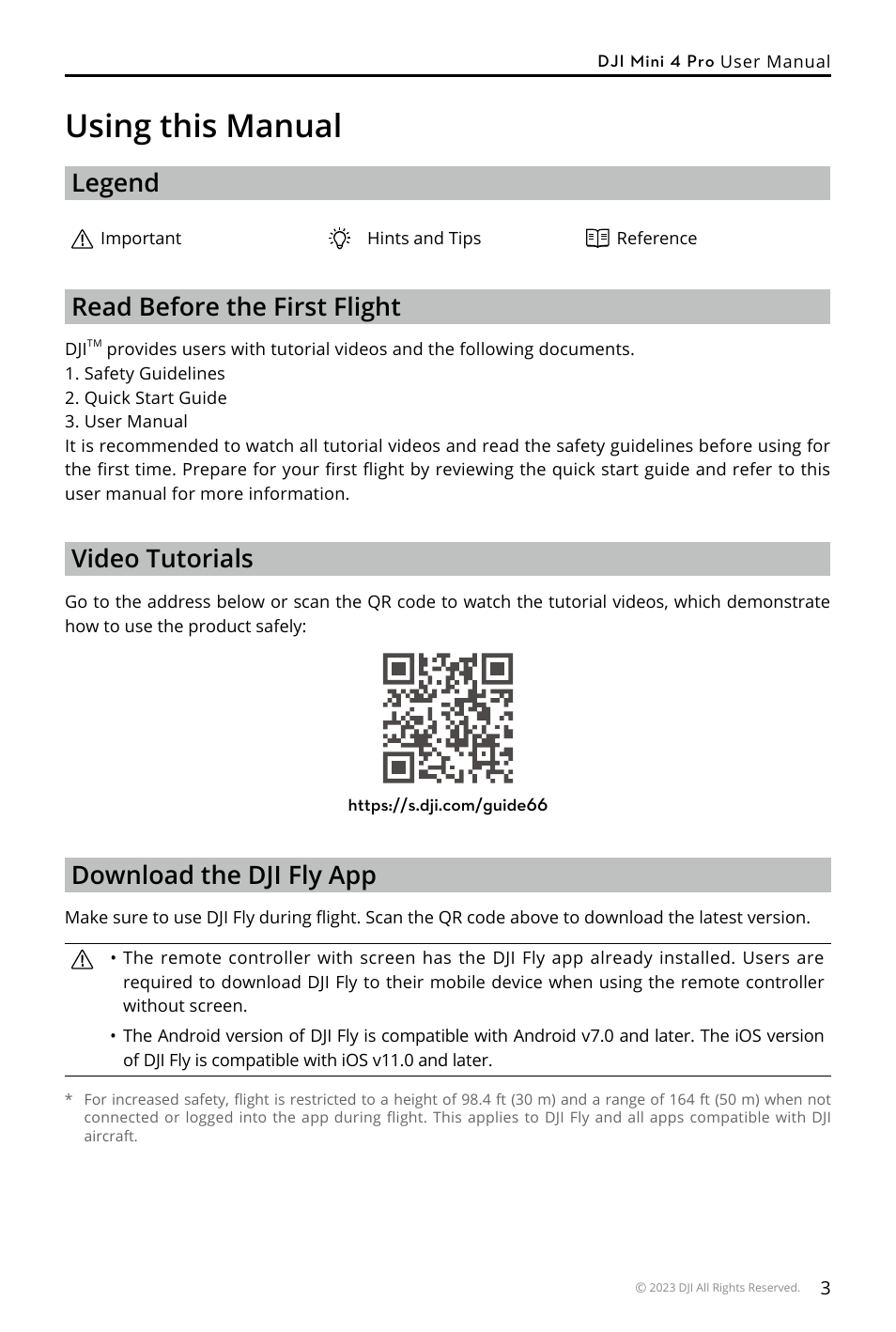 Using this manual, Legend, Read before the first flight | Video tutorials, Download the dji fly app | DJI Mini 4 Pro Drone Fly More Combo Plus with RC 2 Controller User Manual | Page 3 / 116