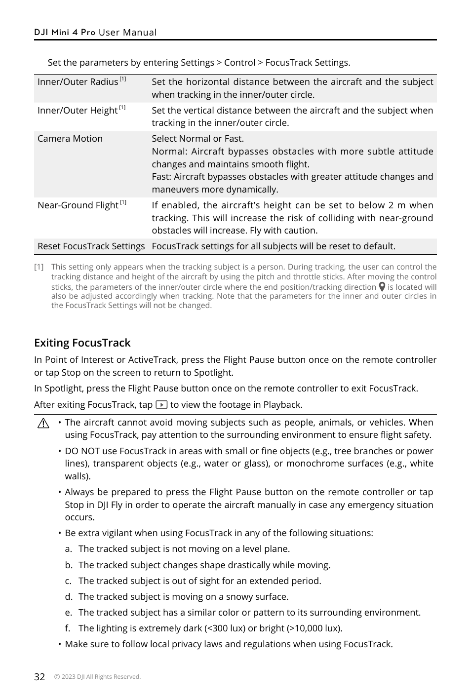 Exiting focustrack | DJI Mini 4 Pro Drone Fly More Combo Plus with RC 2 Controller User Manual | Page 32 / 116