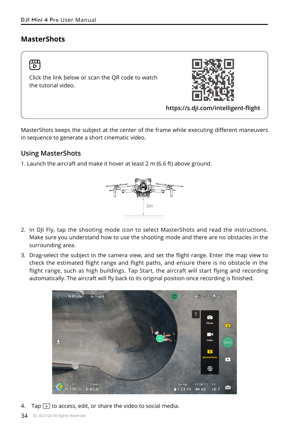 Mastershots, Using mastershots | DJI Mini 4 Pro Drone Fly More Combo Plus with RC 2 Controller User Manual | Page 34 / 116