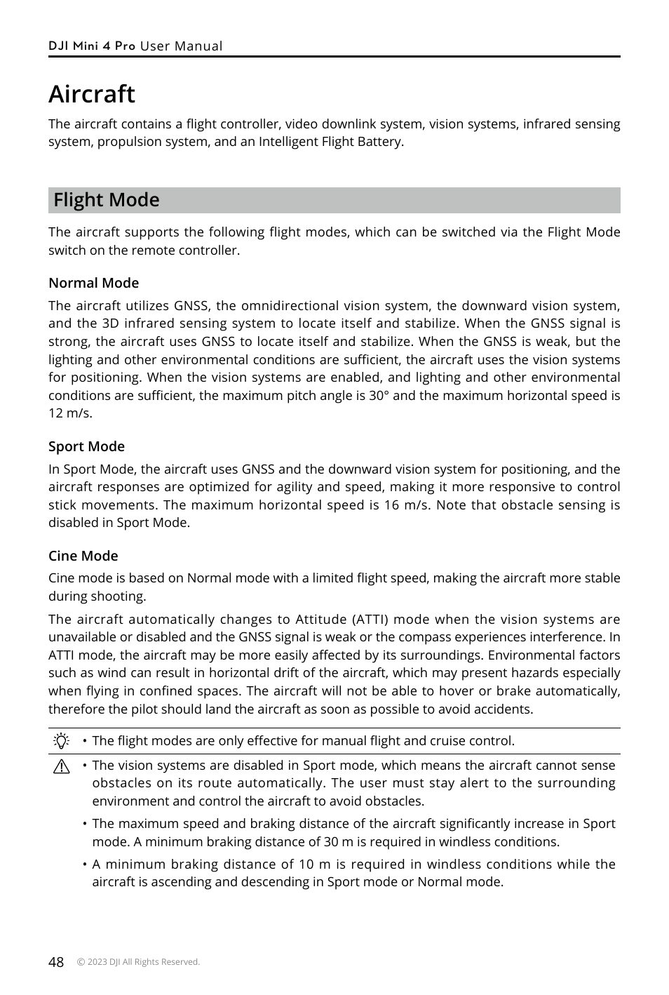 Aircraft, Flight mode | DJI Mini 4 Pro Drone Fly More Combo Plus with RC 2 Controller User Manual | Page 48 / 116