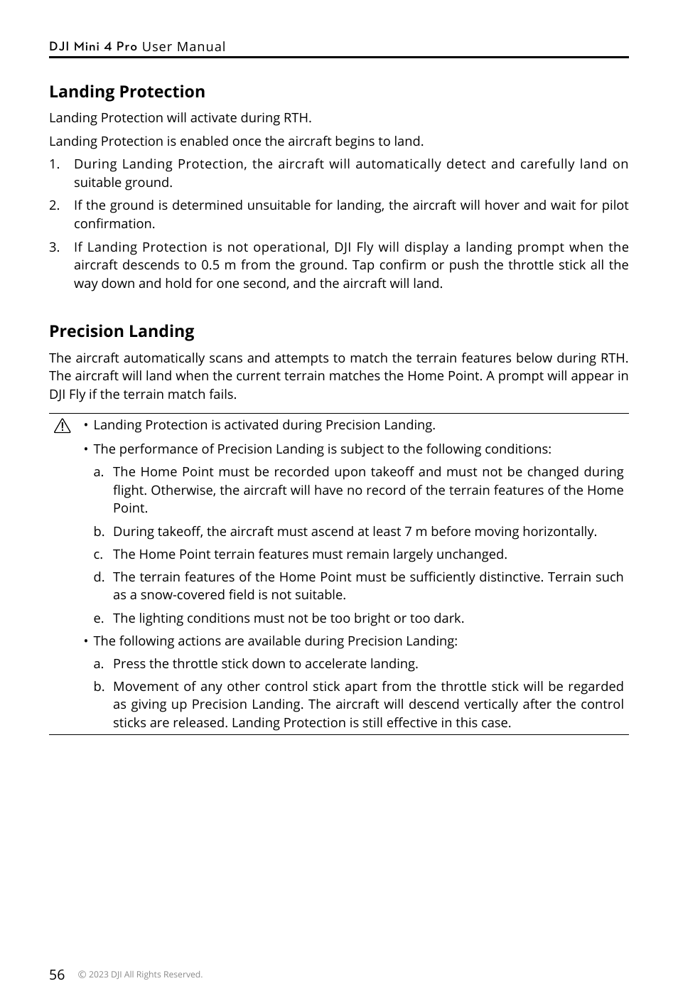 Landing protection, Precision landing | DJI Mini 4 Pro Drone Fly More Combo Plus with RC 2 Controller User Manual | Page 56 / 116