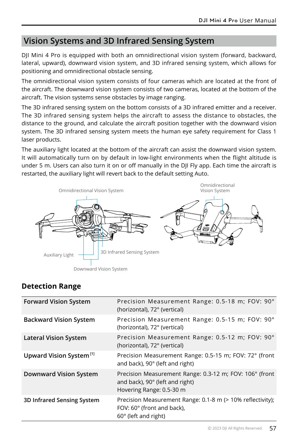 Vision systems and 3d infrared sensing system, Detection range | DJI Mini 4 Pro Drone Fly More Combo Plus with RC 2 Controller User Manual | Page 57 / 116