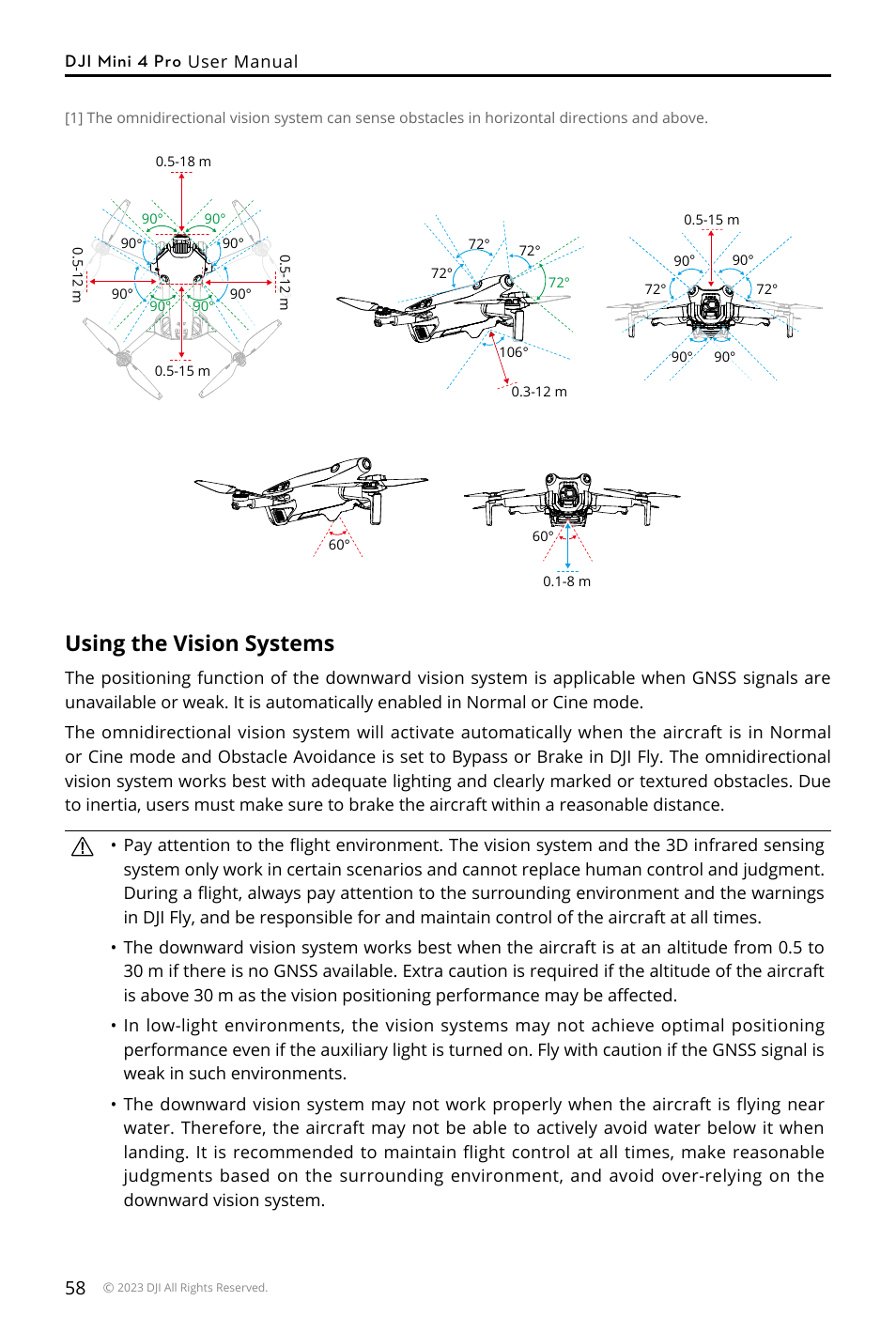 Using the vision systems | DJI Mini 4 Pro Drone Fly More Combo Plus with RC 2 Controller User Manual | Page 58 / 116