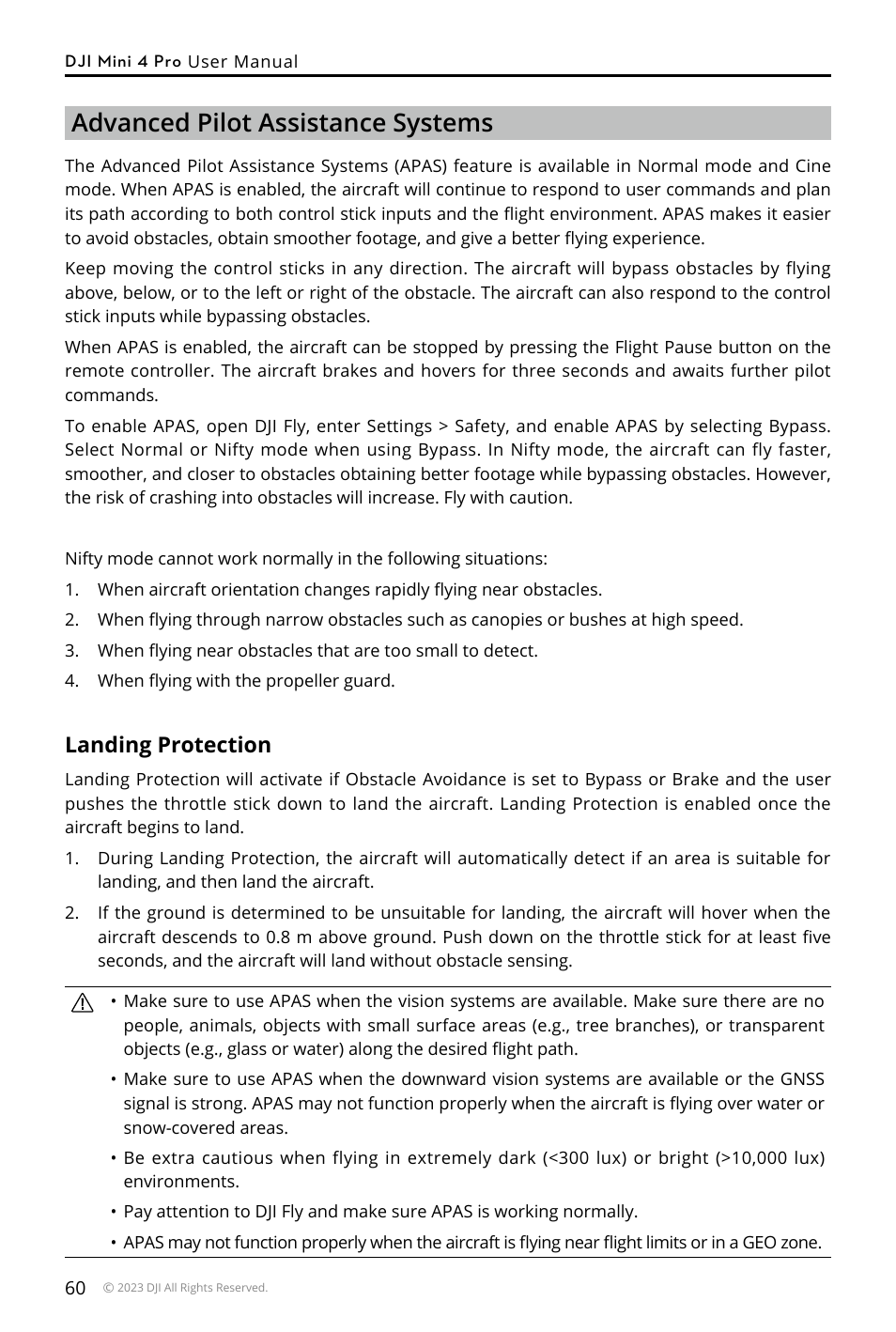 Advanced pilot assistance systems, Landing protection | DJI Mini 4 Pro Drone Fly More Combo Plus with RC 2 Controller User Manual | Page 60 / 116