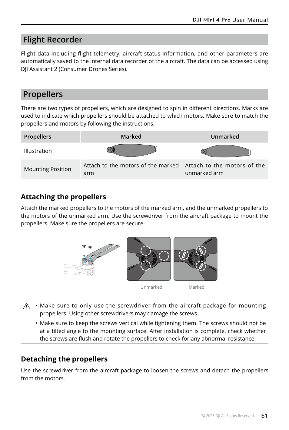 Flight recorder, Propellers, Attaching the propellers | Detaching the propellers | DJI Mini 4 Pro Drone Fly More Combo Plus with RC 2 Controller User Manual | Page 61 / 116