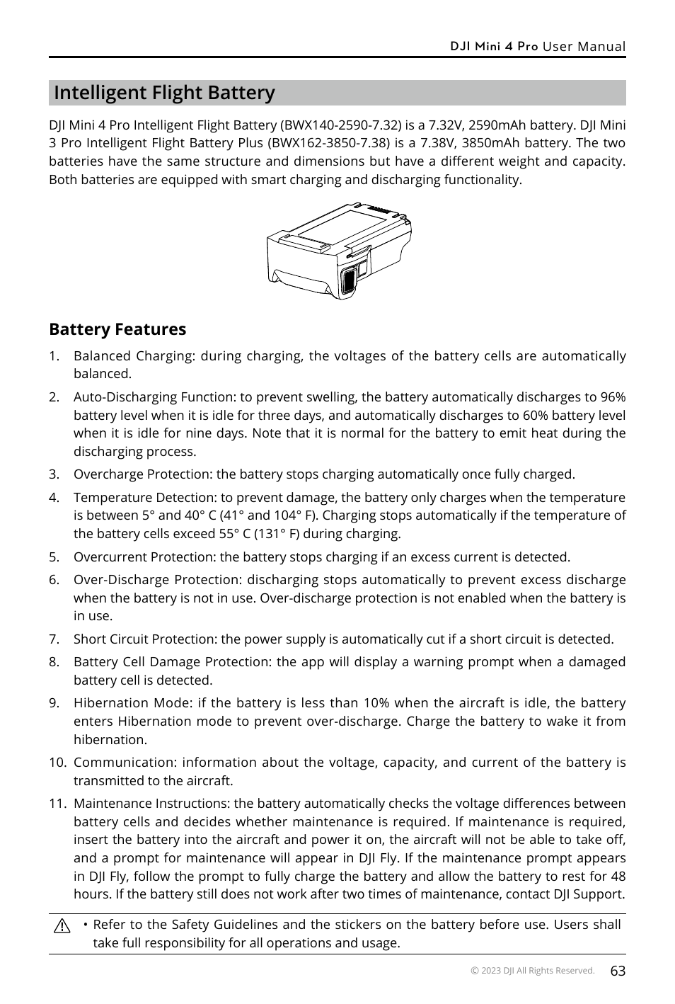 Intelligent flight battery, Battery features | DJI Mini 4 Pro Drone Fly More Combo Plus with RC 2 Controller User Manual | Page 63 / 116