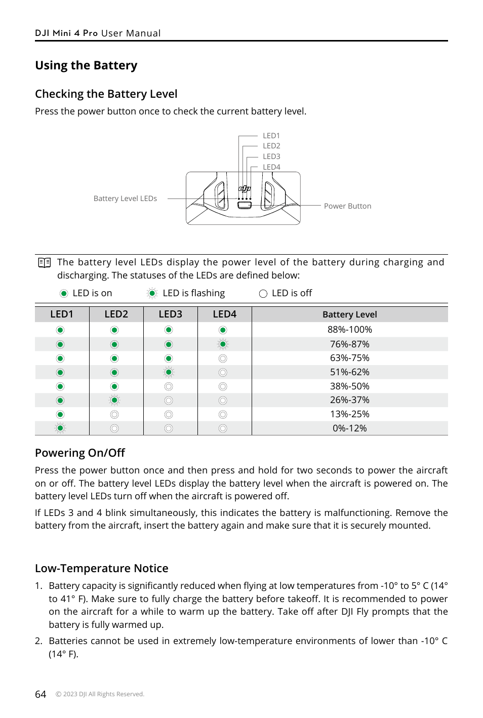 Using the battery | DJI Mini 4 Pro Drone Fly More Combo Plus with RC 2 Controller User Manual | Page 64 / 116