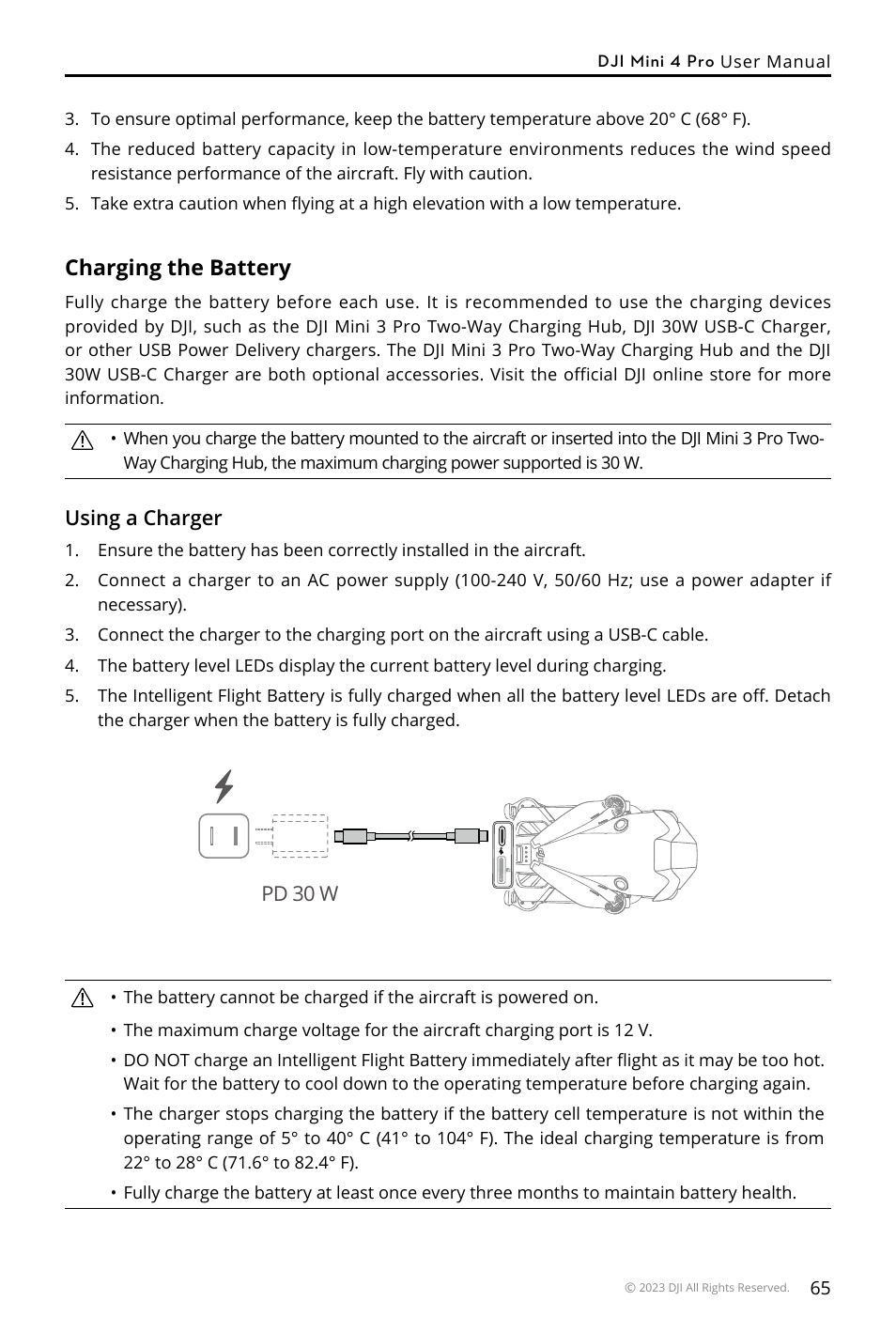 Charging the battery | DJI Mini 4 Pro Drone Fly More Combo Plus with RC 2 Controller User Manual | Page 65 / 116