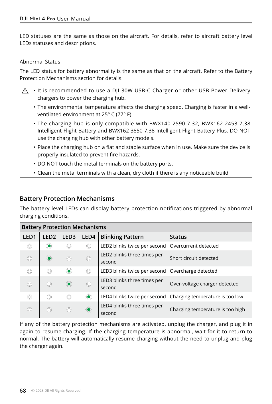 Battery protection mechanisms | DJI Mini 4 Pro Drone Fly More Combo Plus with RC 2 Controller User Manual | Page 68 / 116