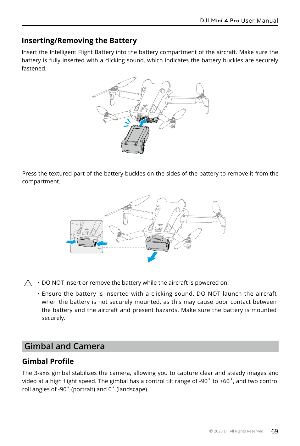 Inserting/removing the battery, Gimbal and camera, Gimbal profile | DJI Mini 4 Pro Drone Fly More Combo Plus with RC 2 Controller User Manual | Page 69 / 116