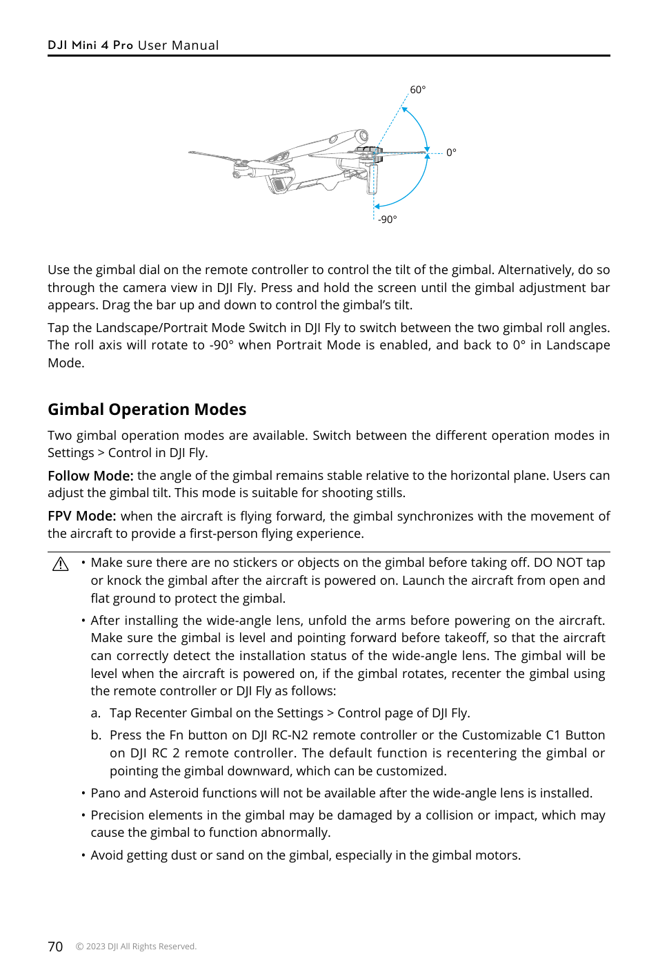 Gimbal operation modes | DJI Mini 4 Pro Drone Fly More Combo Plus with RC 2 Controller User Manual | Page 70 / 116