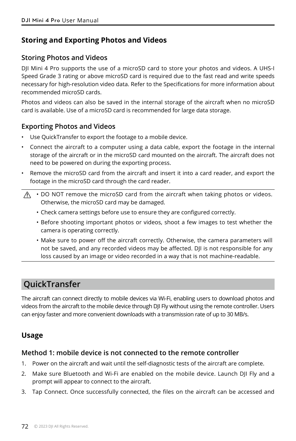 Storing and exporting photos and videos, Quicktransfer, Usage | DJI Mini 4 Pro Drone Fly More Combo Plus with RC 2 Controller User Manual | Page 72 / 116