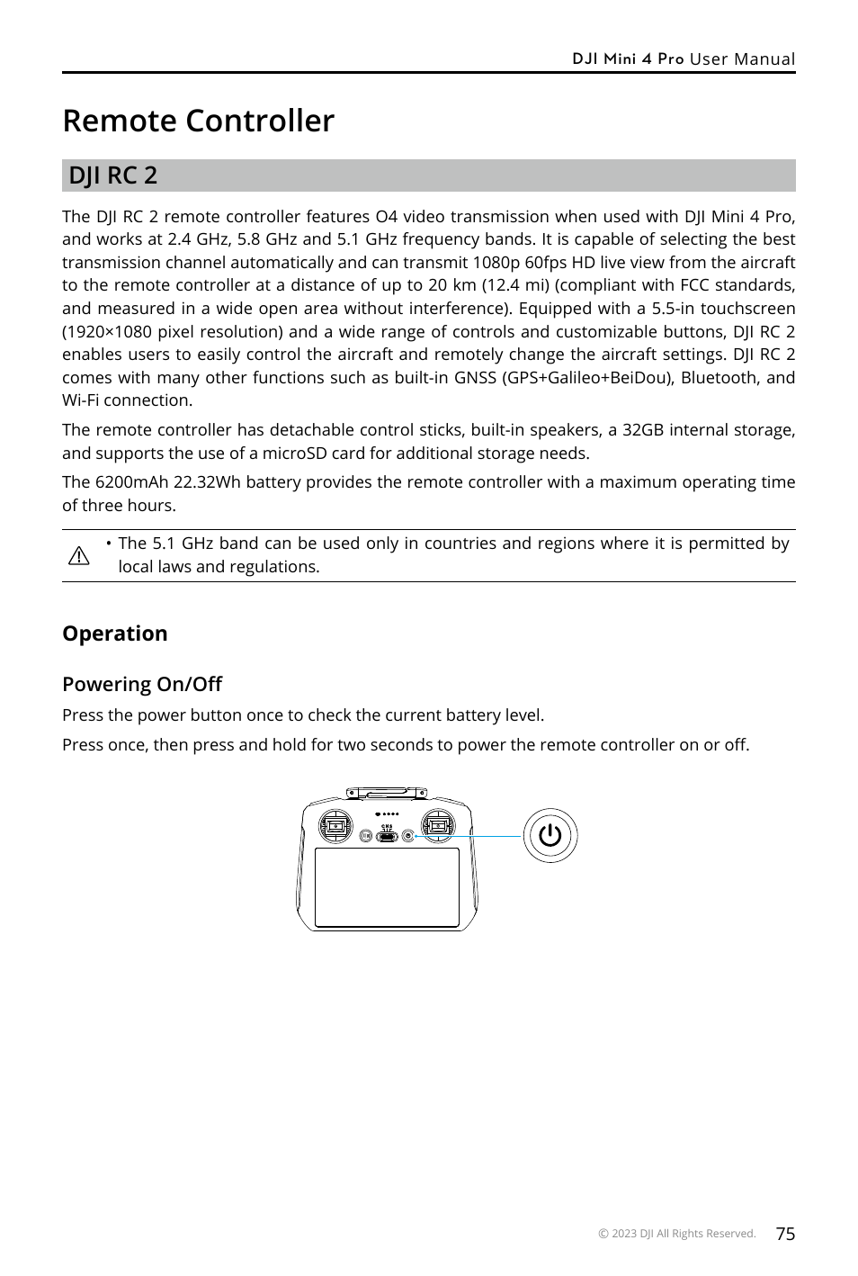 Remote controller, Dji rc 2, Operation | DJI Mini 4 Pro Drone Fly More Combo Plus with RC 2 Controller User Manual | Page 75 / 116