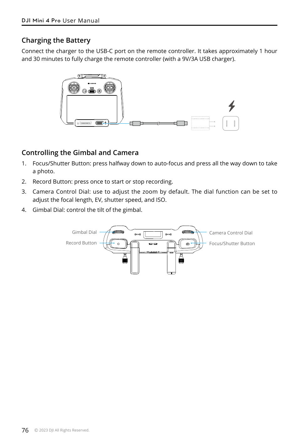 Controlling the gimbal and camera, Charging the battery | DJI Mini 4 Pro Drone Fly More Combo Plus with RC 2 Controller User Manual | Page 76 / 116