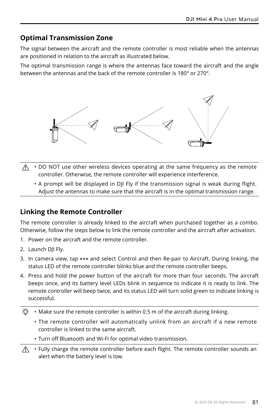 Optimal transmission zone, Linking the remote controller | DJI Mini 4 Pro Drone Fly More Combo Plus with RC 2 Controller User Manual | Page 81 / 116