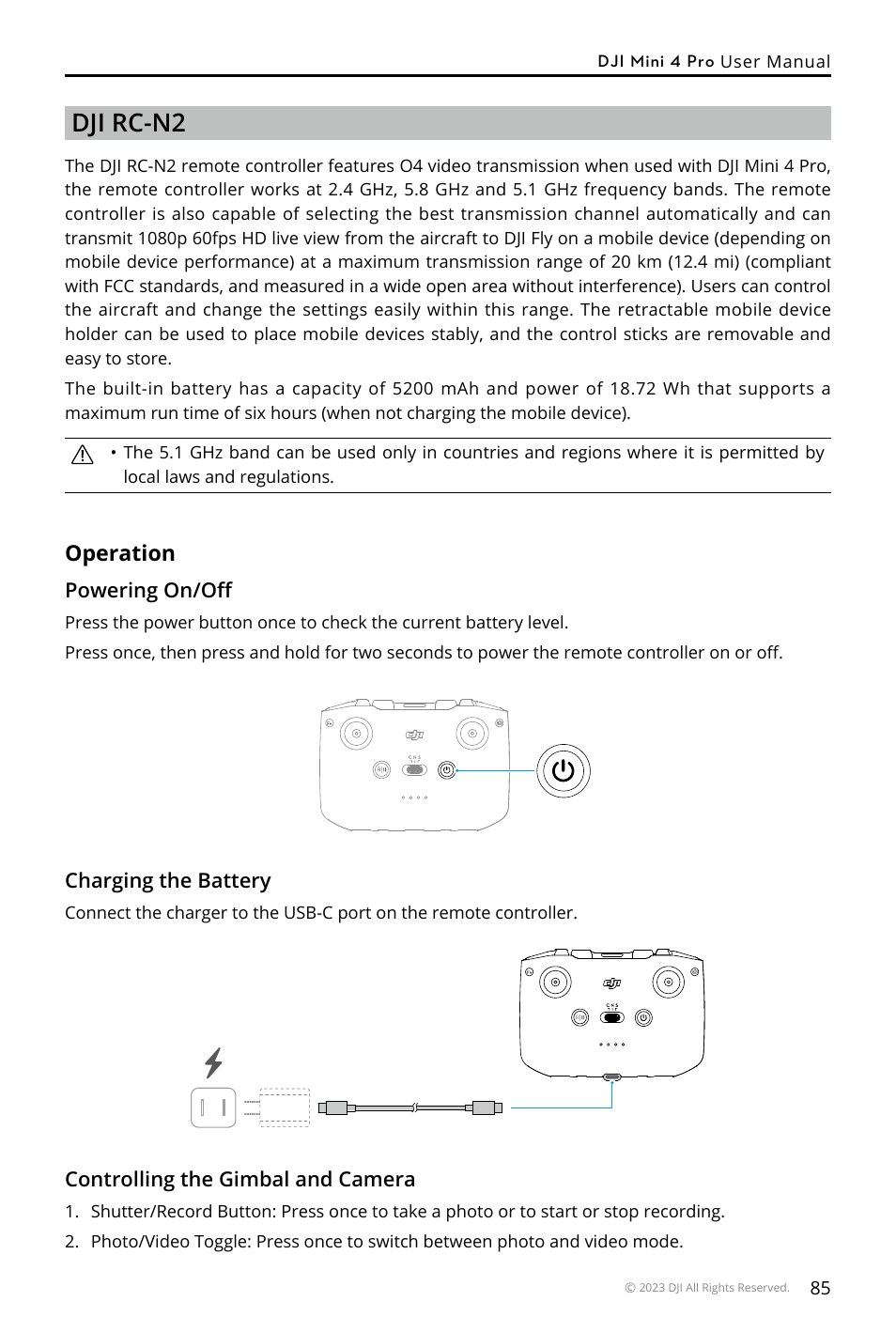 Dji rc-n2, Operation | DJI Mini 4 Pro Drone Fly More Combo Plus with RC 2 Controller User Manual | Page 85 / 116