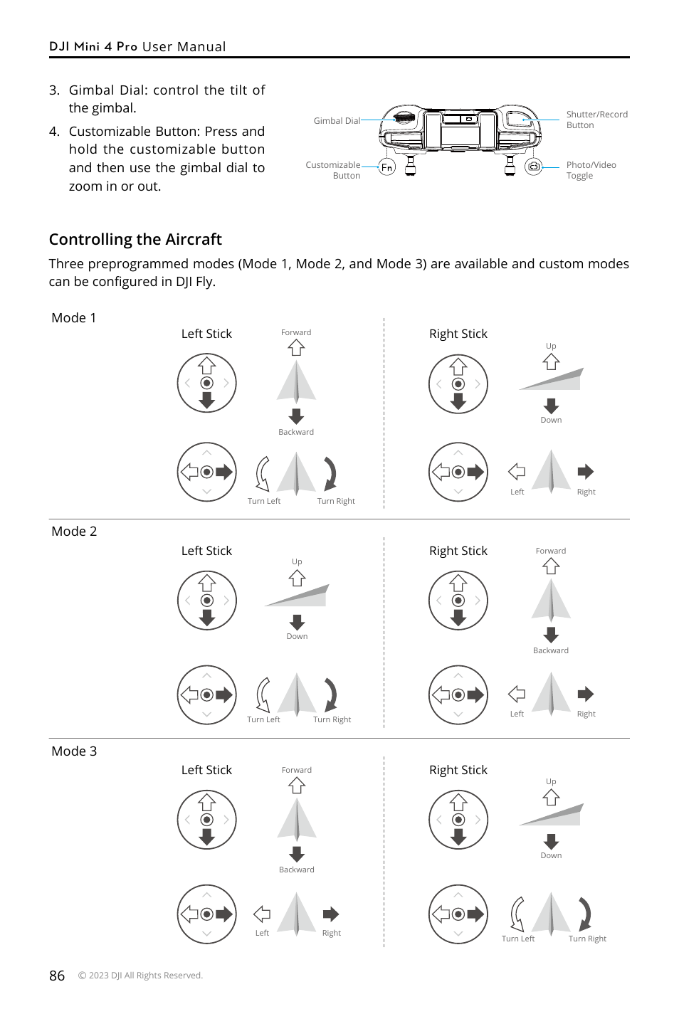 Controlling the aircraft, Dji mini 4 pro user manual, Left stick right stick right stick left stick | Right stick, Left stick | DJI Mini 4 Pro Drone Fly More Combo Plus with RC 2 Controller User Manual | Page 86 / 116