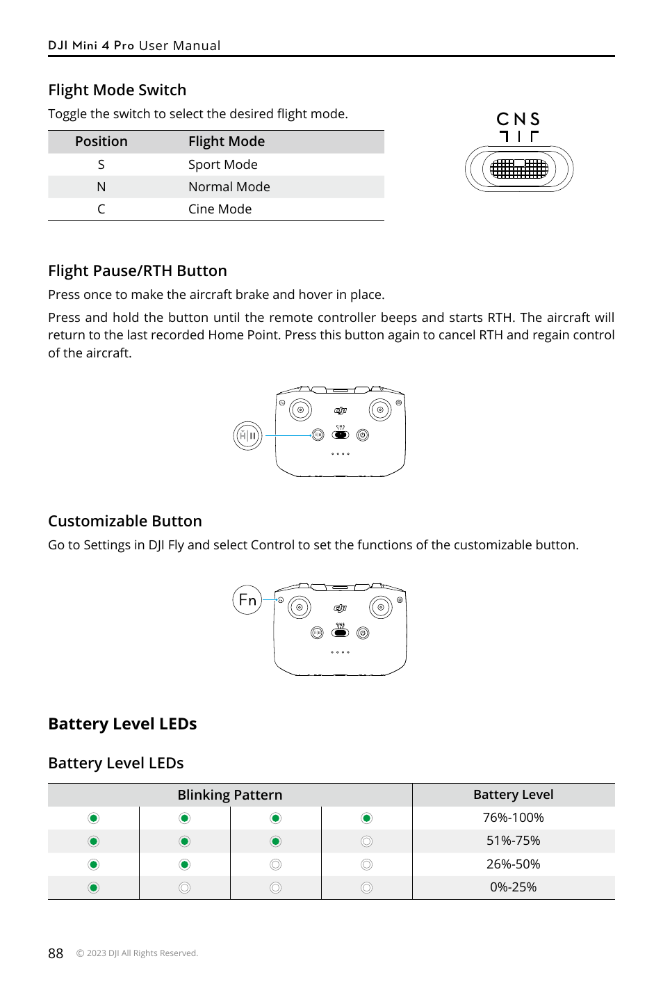 Battery level leds, C n s | DJI Mini 4 Pro Drone Fly More Combo Plus with RC 2 Controller User Manual | Page 88 / 116