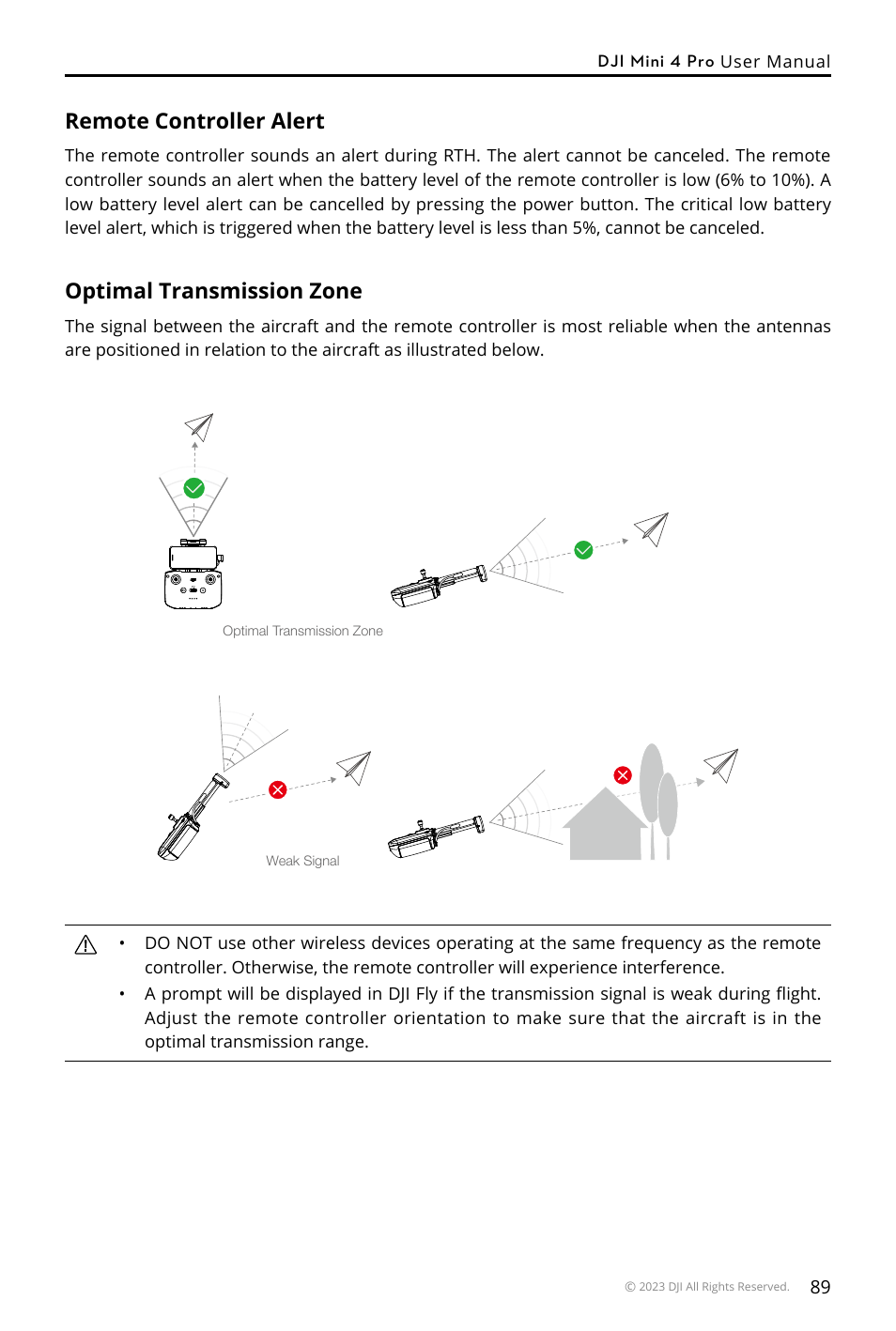 Remote controller alert, Optimal transmission zone | DJI Mini 4 Pro Drone Fly More Combo Plus with RC 2 Controller User Manual | Page 89 / 116