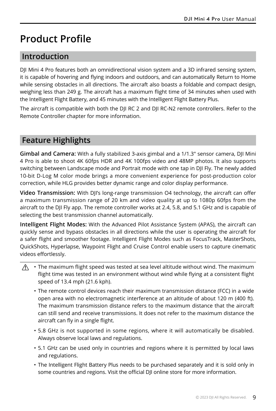 Product profile, Introduction, Feature highlights | DJI Mini 4 Pro Drone Fly More Combo Plus with RC 2 Controller User Manual | Page 9 / 116