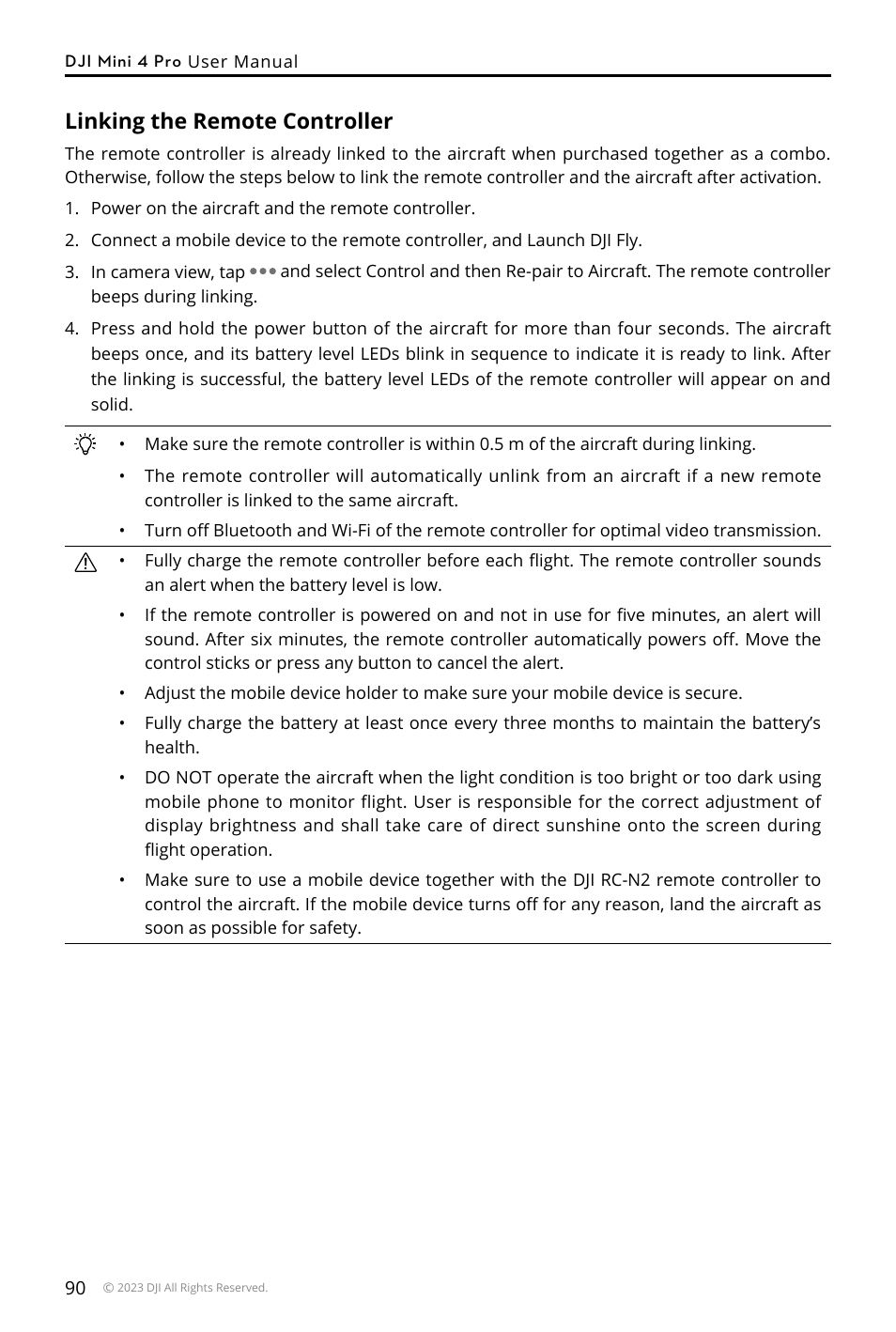 Linking the remote controller | DJI Mini 4 Pro Drone Fly More Combo Plus with RC 2 Controller User Manual | Page 90 / 116