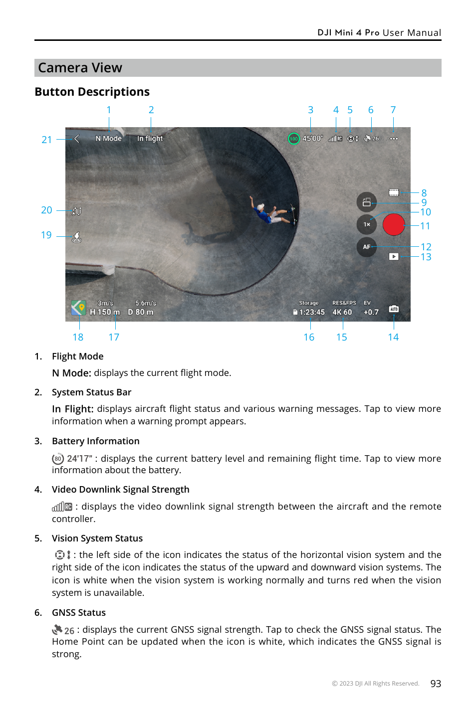 Camera view, Button descriptions | DJI Mini 4 Pro Drone Fly More Combo Plus with RC 2 Controller User Manual | Page 93 / 116