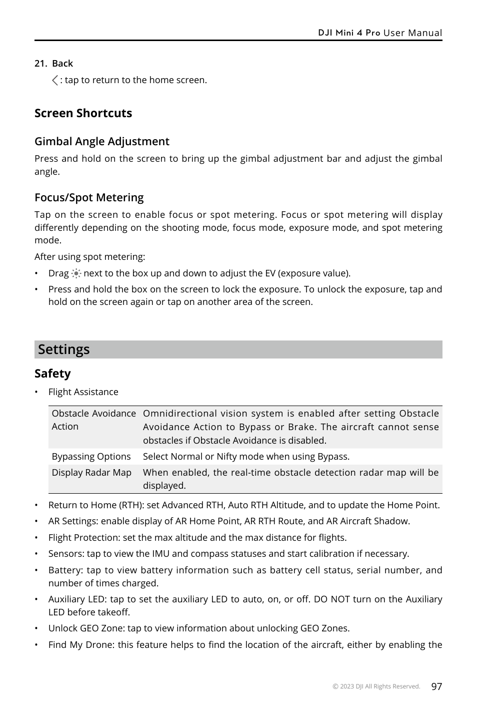 Screen shortcuts, Settings, Safety | DJI Mini 4 Pro Drone Fly More Combo Plus with RC 2 Controller User Manual | Page 97 / 116