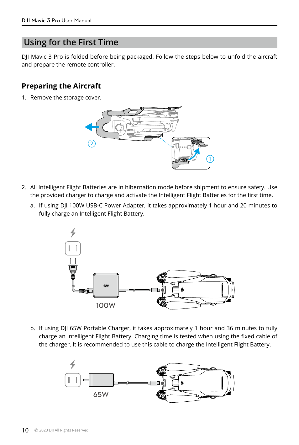 Using for the first time, Preparing the aircraft | DJI Mavic 3 Pro Drone with Fly More Combo & RC User Manual | Page 10 / 115