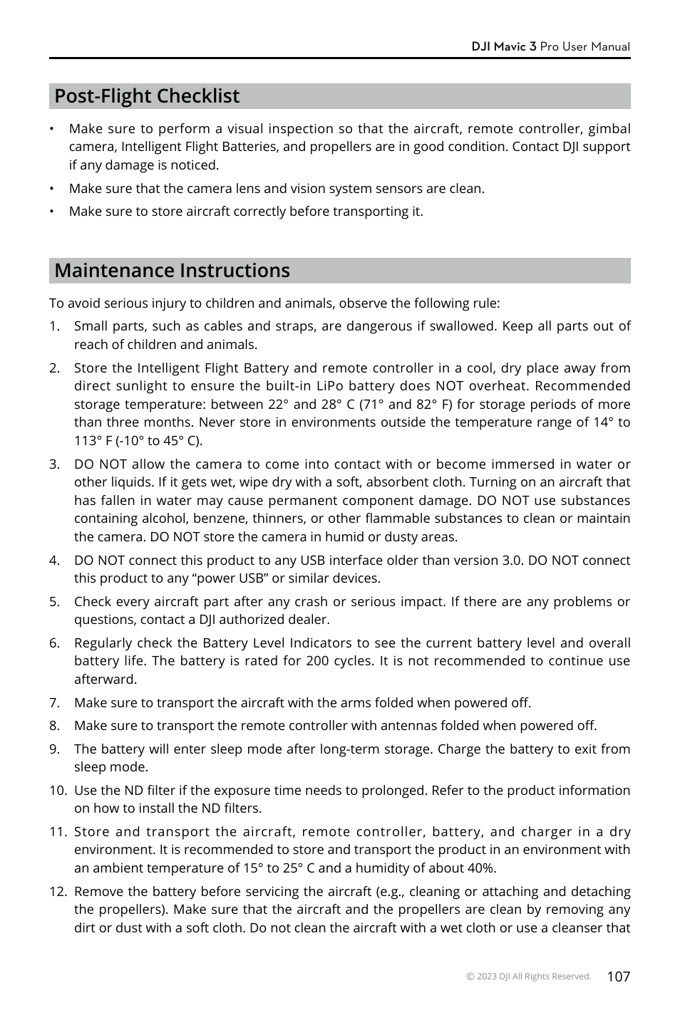 Post-flight checklist, Maintenance instructions | DJI Mavic 3 Pro Drone with Fly More Combo & RC User Manual | Page 107 / 115