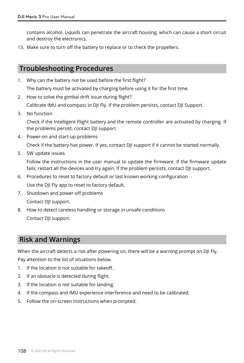 Troubleshooting procedures, Risk and warnings | DJI Mavic 3 Pro Drone with Fly More Combo & RC User Manual | Page 108 / 115