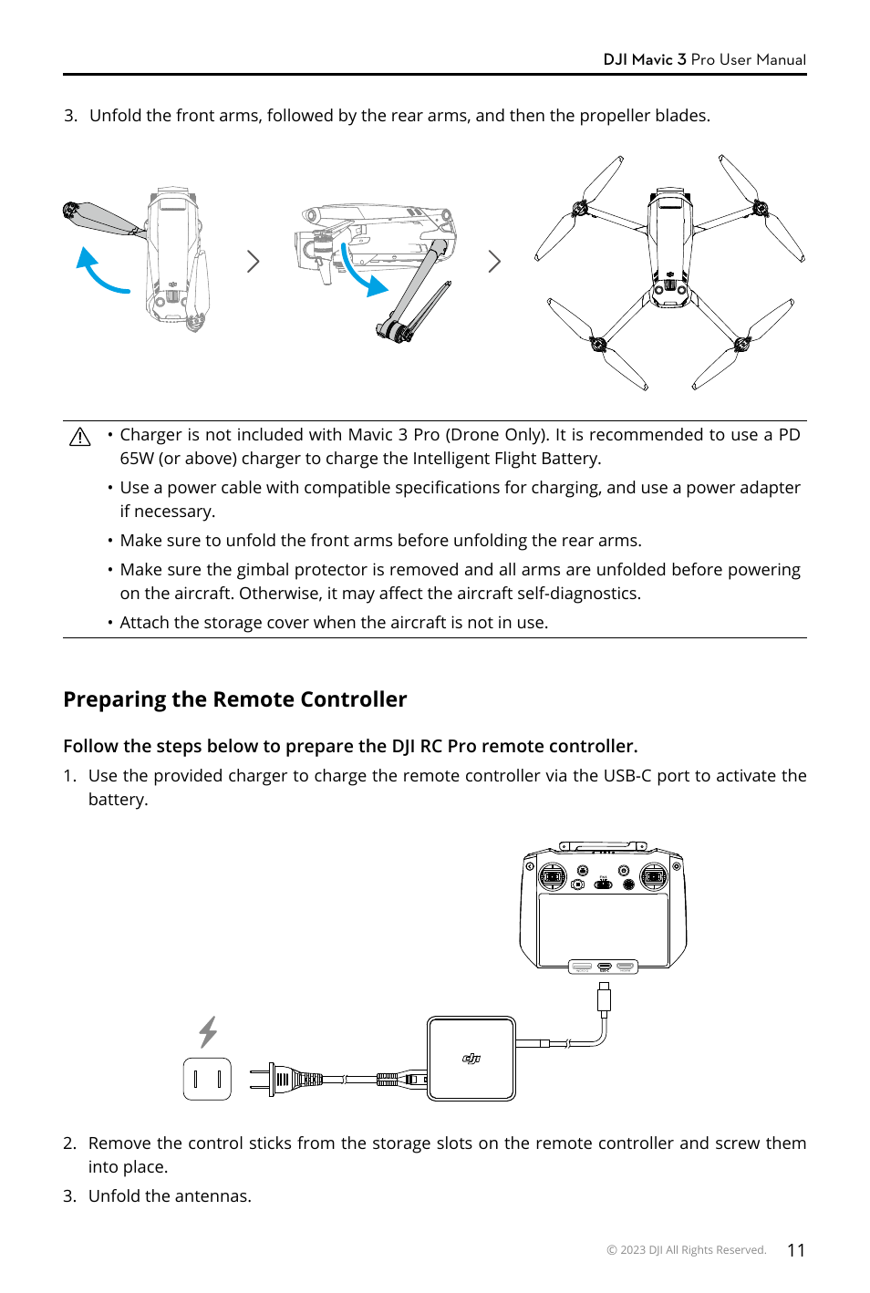 Preparing the remote controller | DJI Mavic 3 Pro Drone with Fly More Combo & RC User Manual | Page 11 / 115