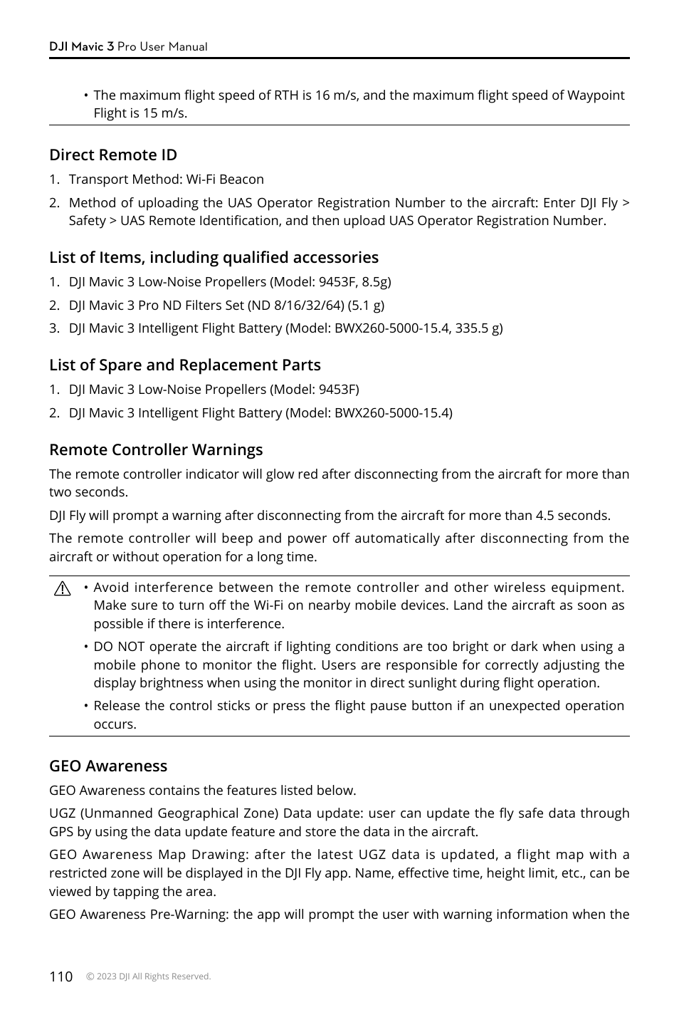 DJI Mavic 3 Pro Drone with Fly More Combo & RC User Manual | Page 110 / 115