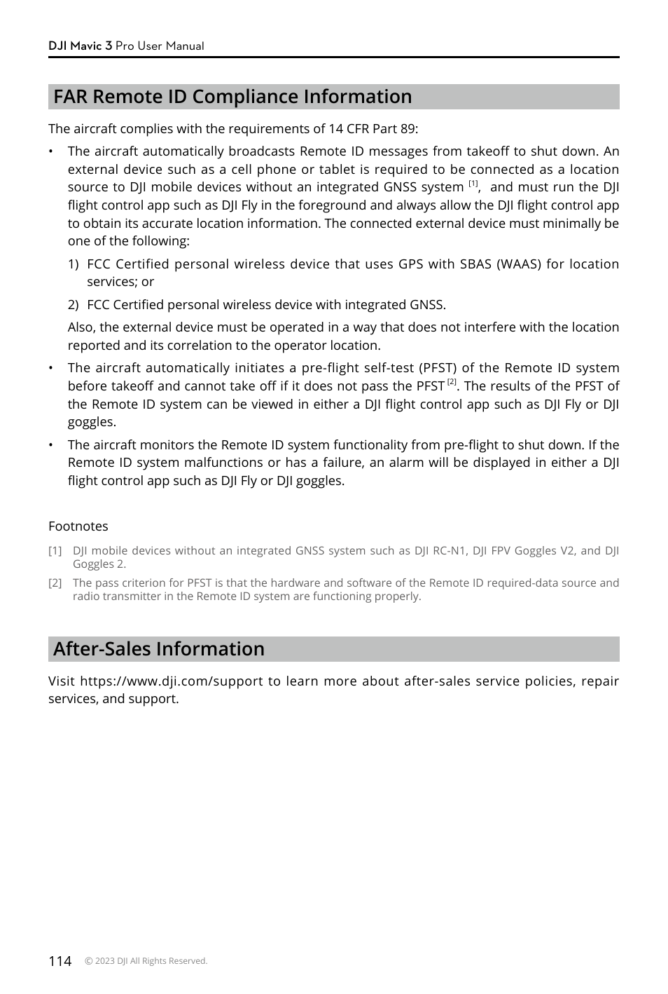 Far remote id compliance information, After-sales information | DJI Mavic 3 Pro Drone with Fly More Combo & RC User Manual | Page 114 / 115