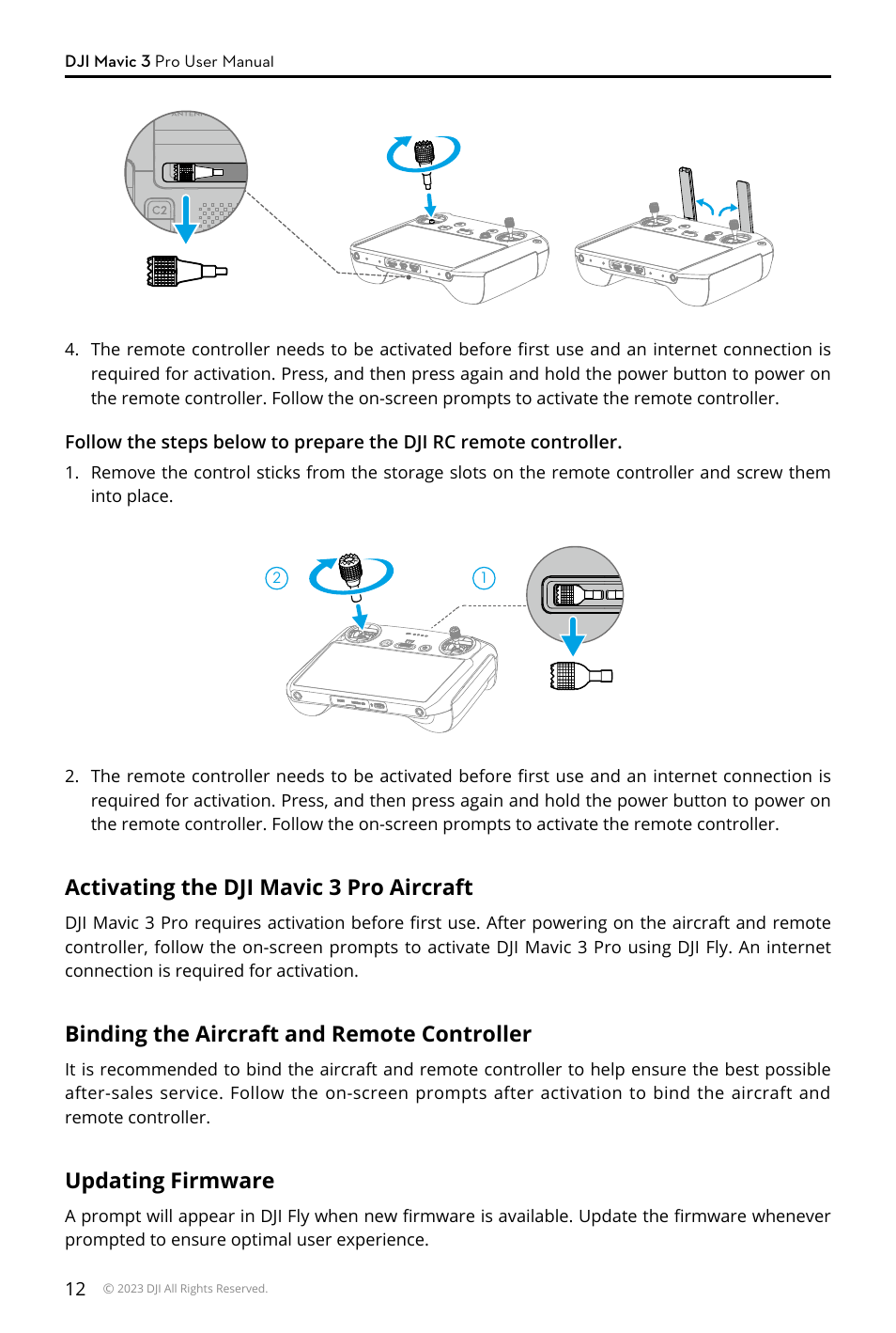 Activating the dji mavic 3 pro aircraft, Binding the aircraft and remote controller, Updating firmware | DJI Mavic 3 Pro Drone with Fly More Combo & RC User Manual | Page 12 / 115