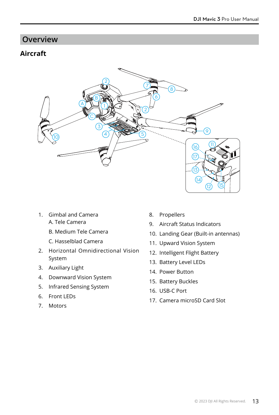 Overview, Aircraft, Aircraft 13 | DJI Mavic 3 Pro Drone with Fly More Combo & RC User Manual | Page 13 / 115